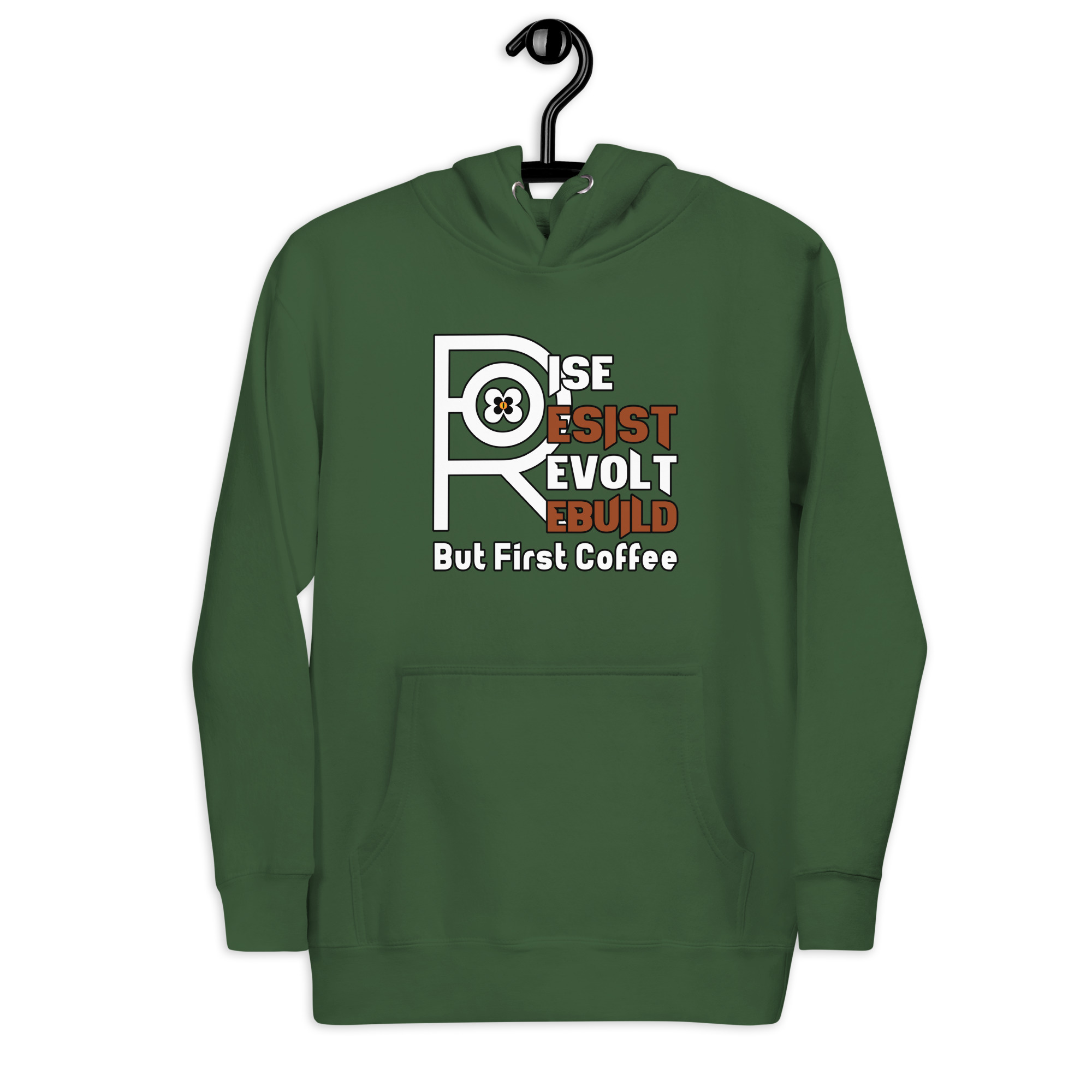 R - Rise Resist Revolt Rebuild But First Coffee Dark Style Unisex Hoodie - Image 42