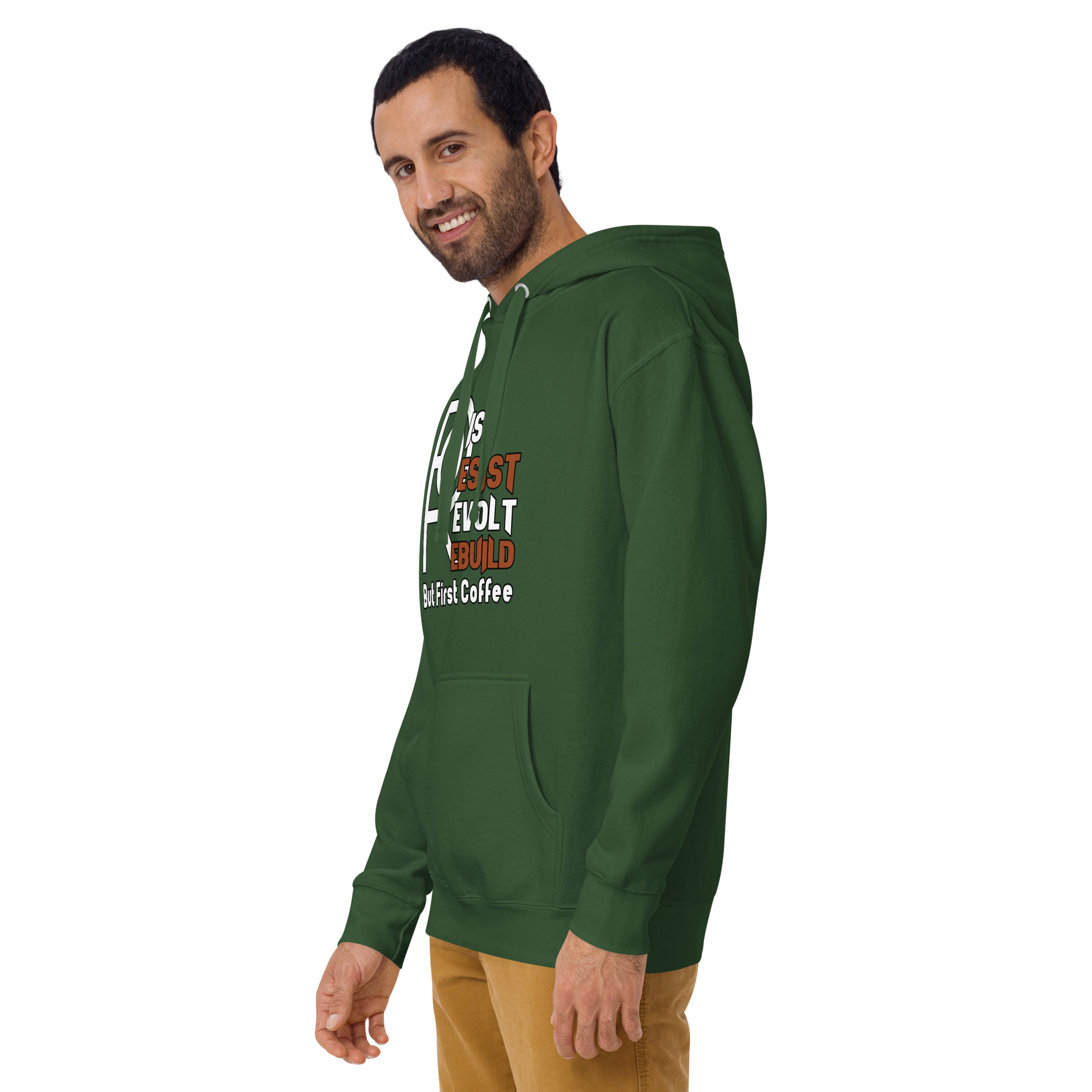 R - Rise Resist Revolt Rebuild But First Coffee Dark Style Unisex Hoodie - Image 16