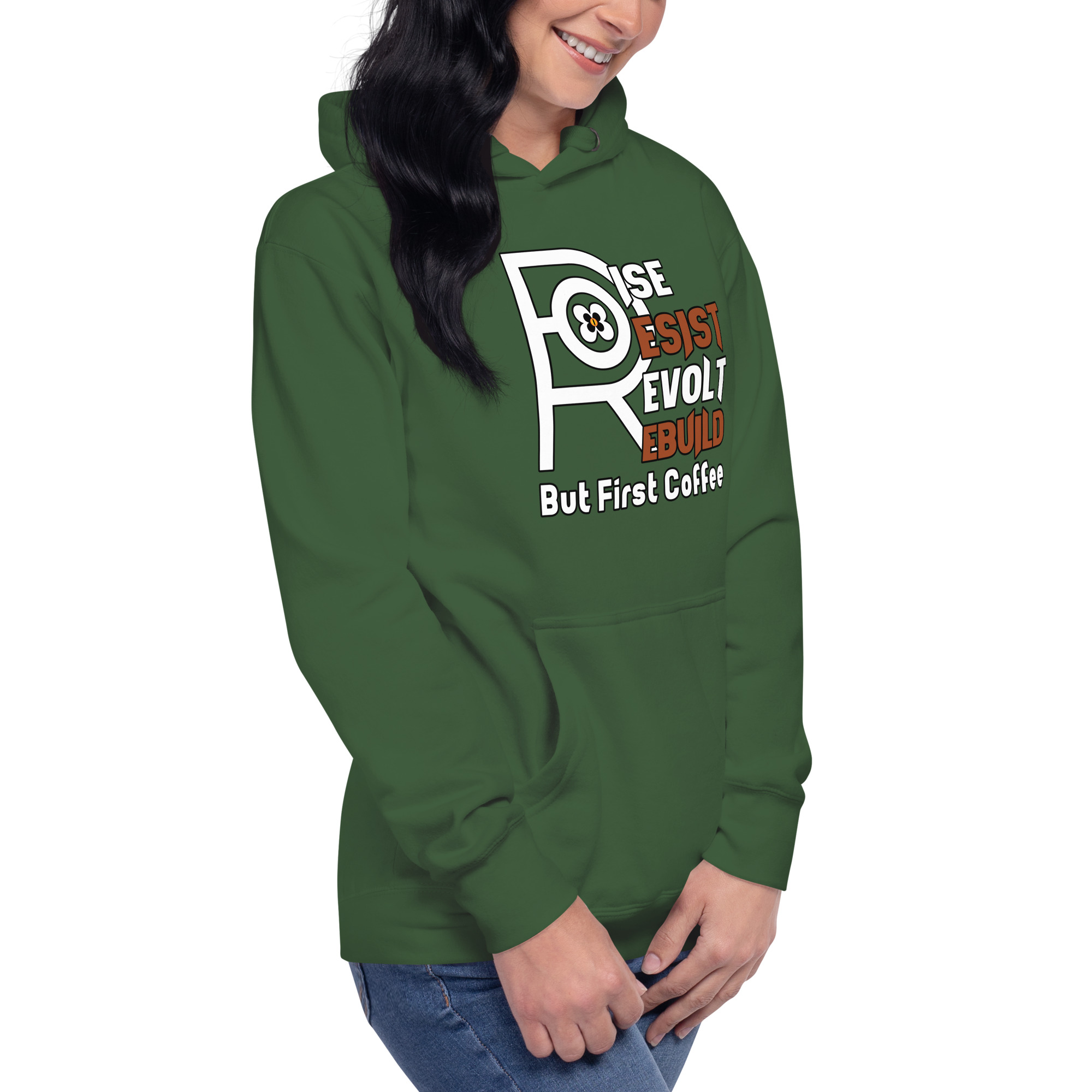R - Rise Resist Revolt Rebuild But First Coffee Dark Style Unisex Hoodie - Image 17
