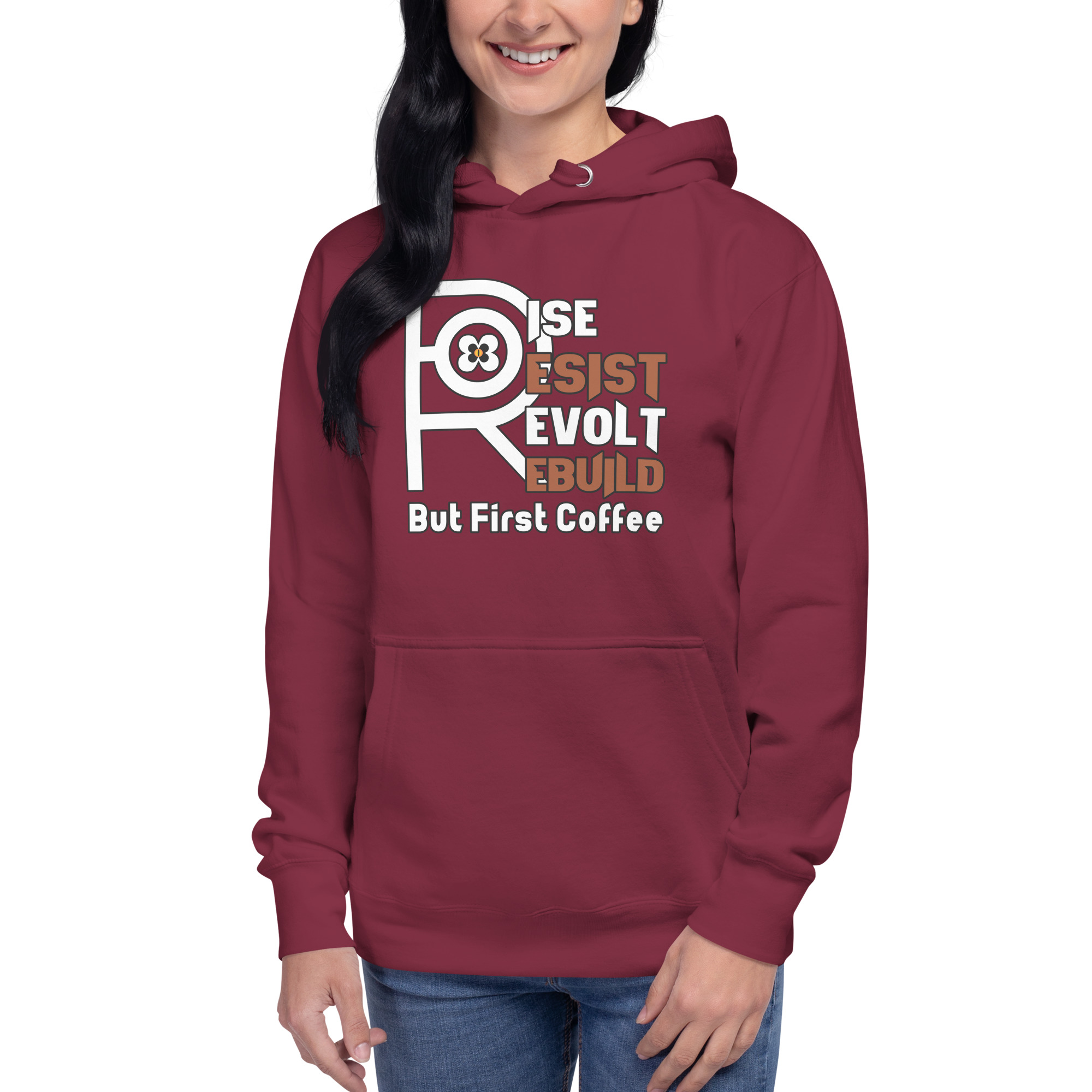 R - Rise Resist Revolt Rebuild But First Coffee Dark Style Unisex Hoodie - Image 6