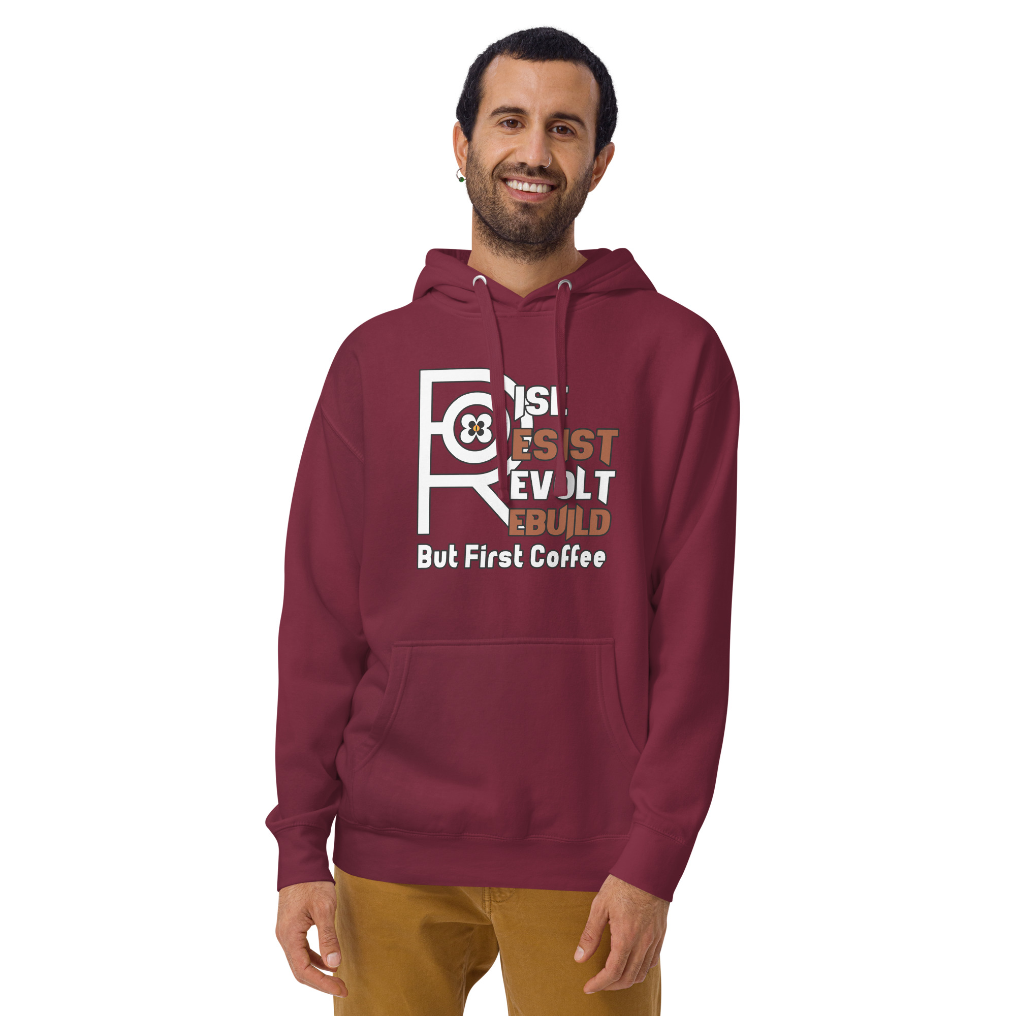R - Rise Resist Revolt Rebuild But First Coffee Dark Style Unisex Hoodie - Image 7