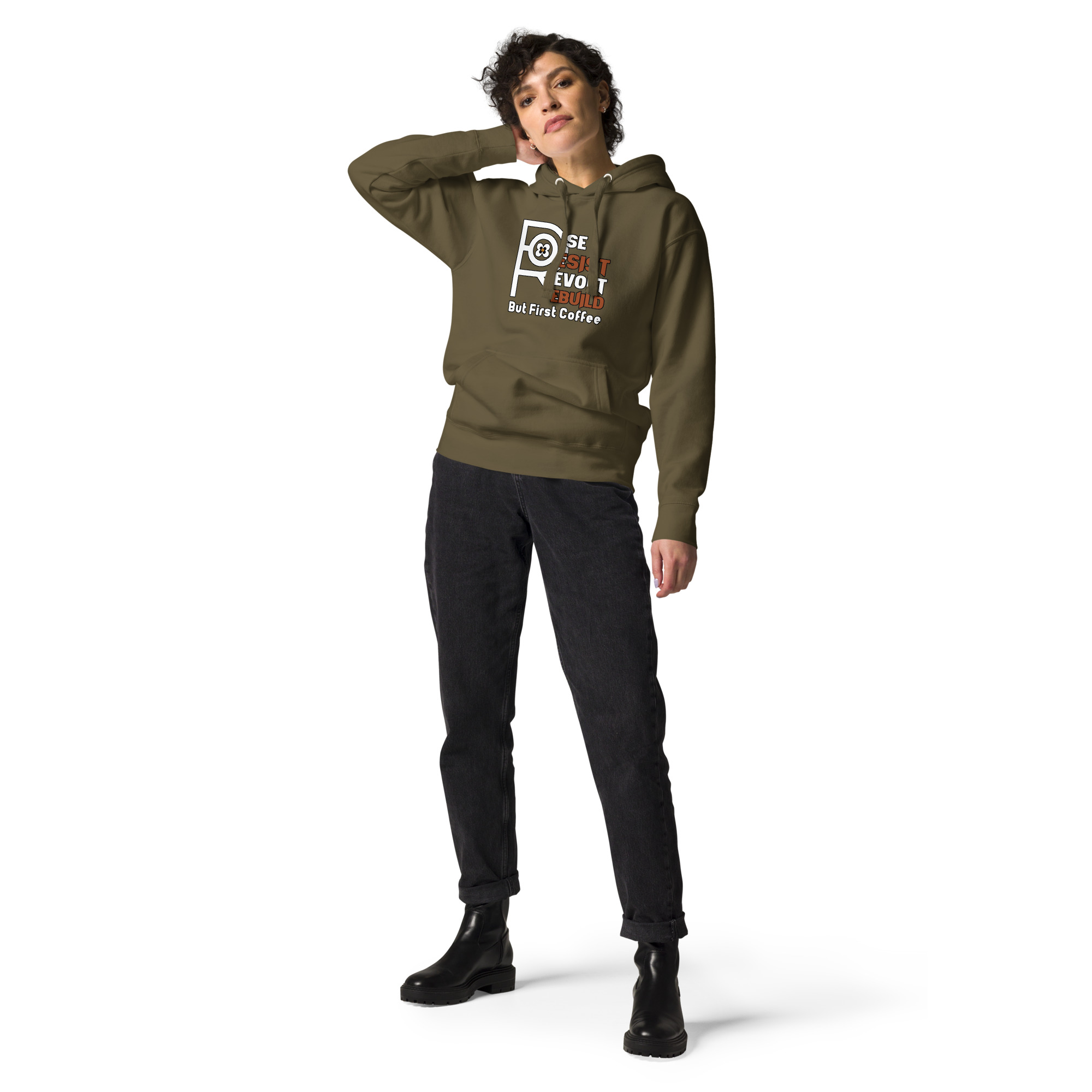 R - Rise Resist Revolt Rebuild But First Coffee Dark Style Unisex Hoodie - Image 21