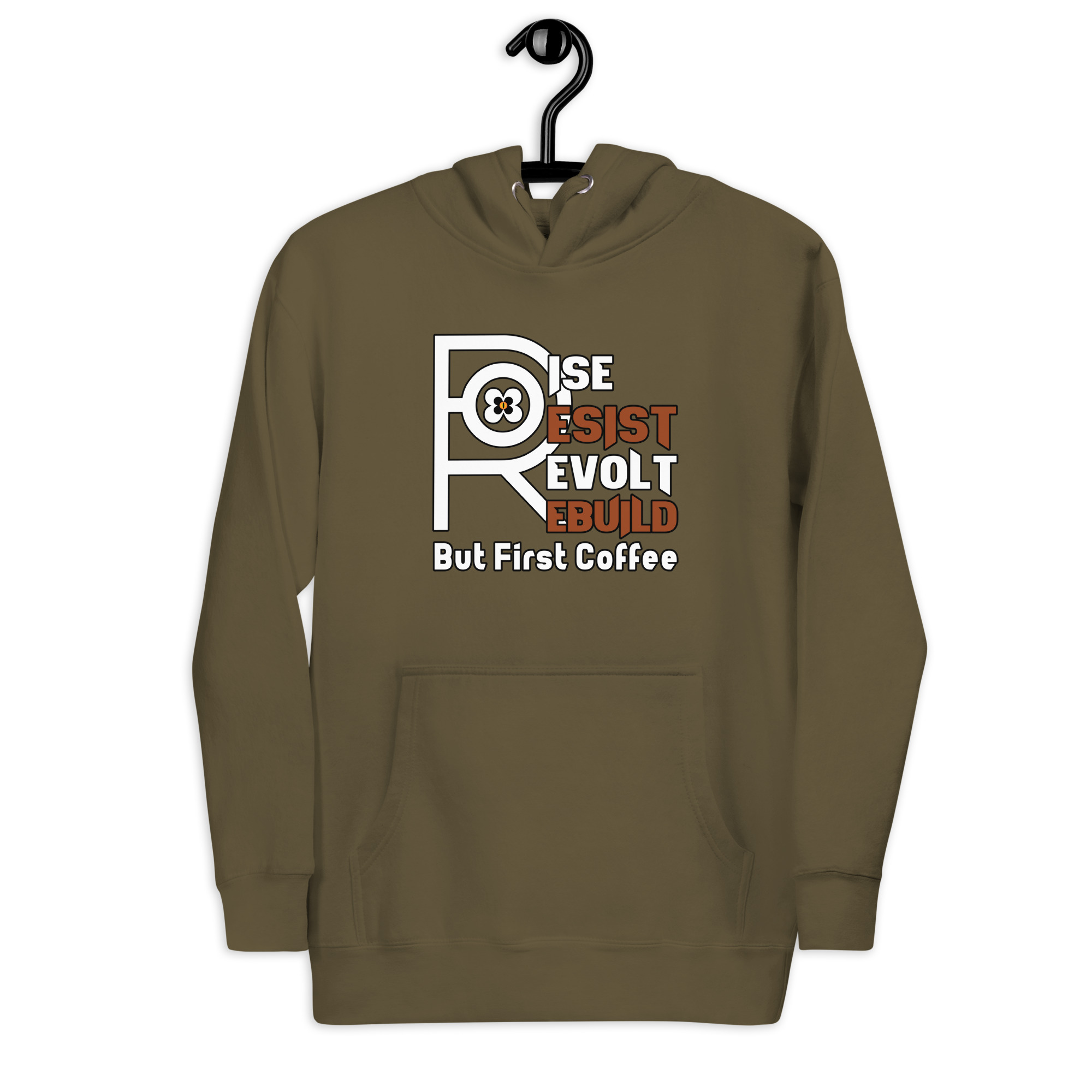 R - Rise Resist Revolt Rebuild But First Coffee Dark Style Unisex Hoodie - Image 45