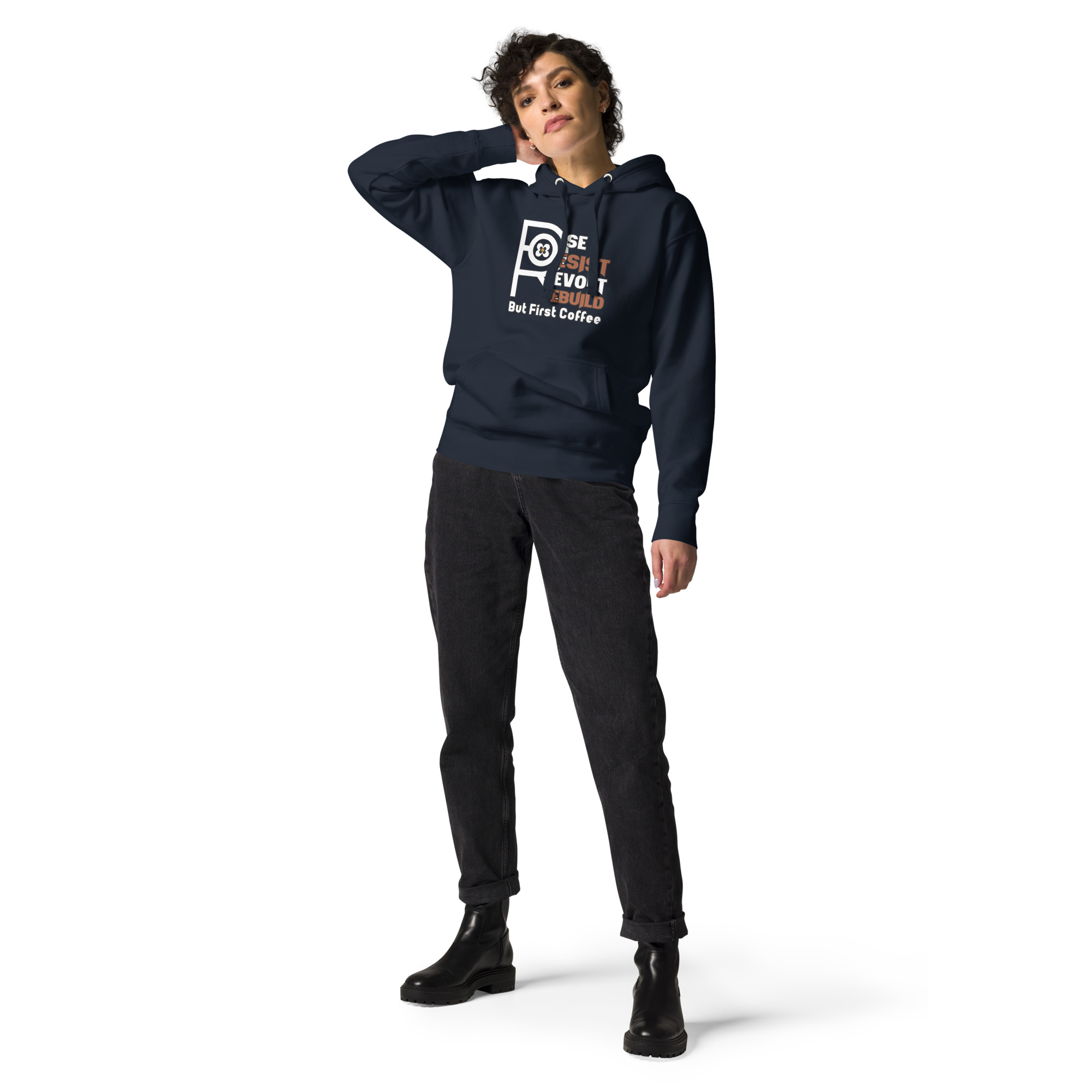 R - Rise Resist Revolt Rebuild But First Coffee Dark Style Unisex Hoodie - Image 4