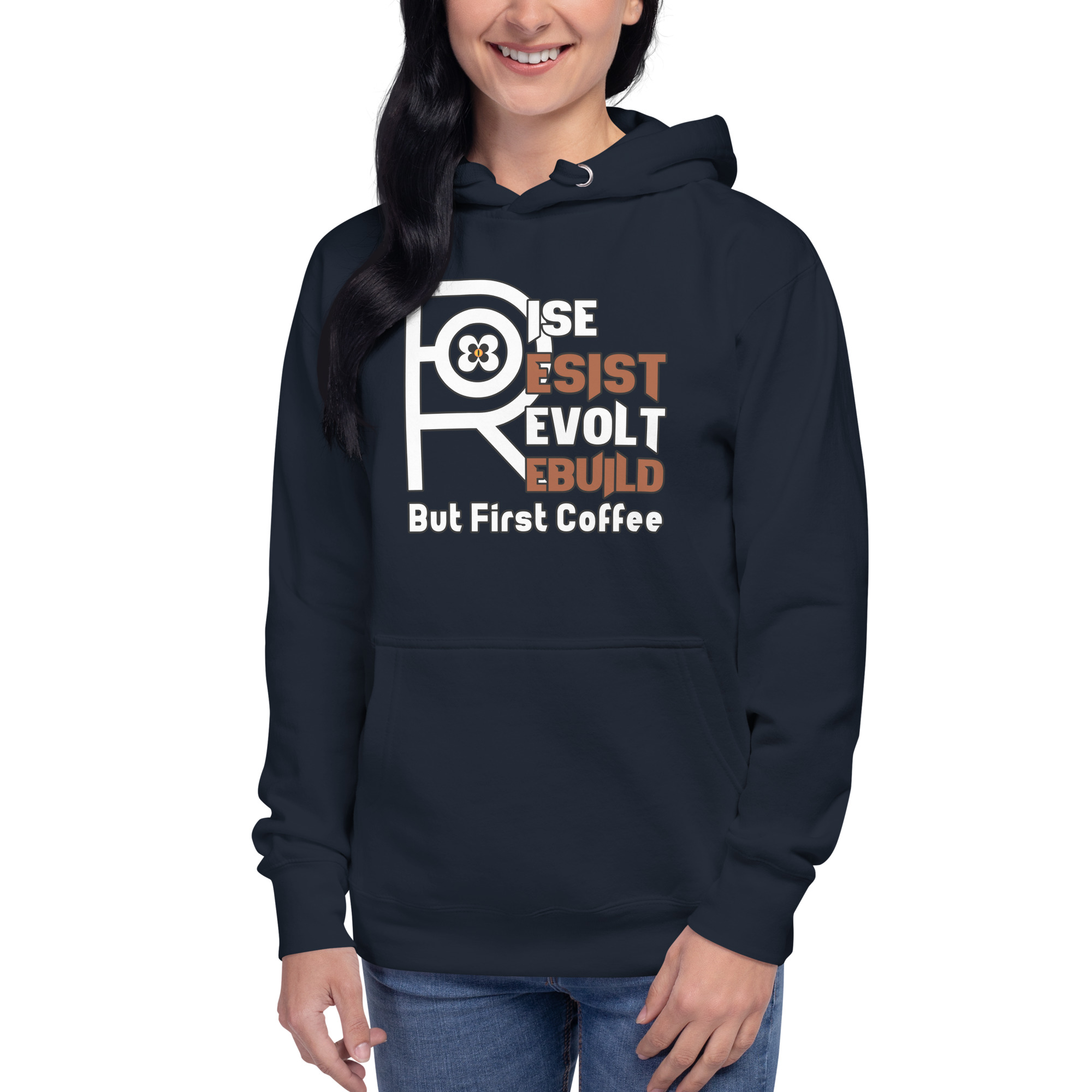 R - Rise Resist Revolt Rebuild But First Coffee Dark Style Unisex Hoodie - Image 5
