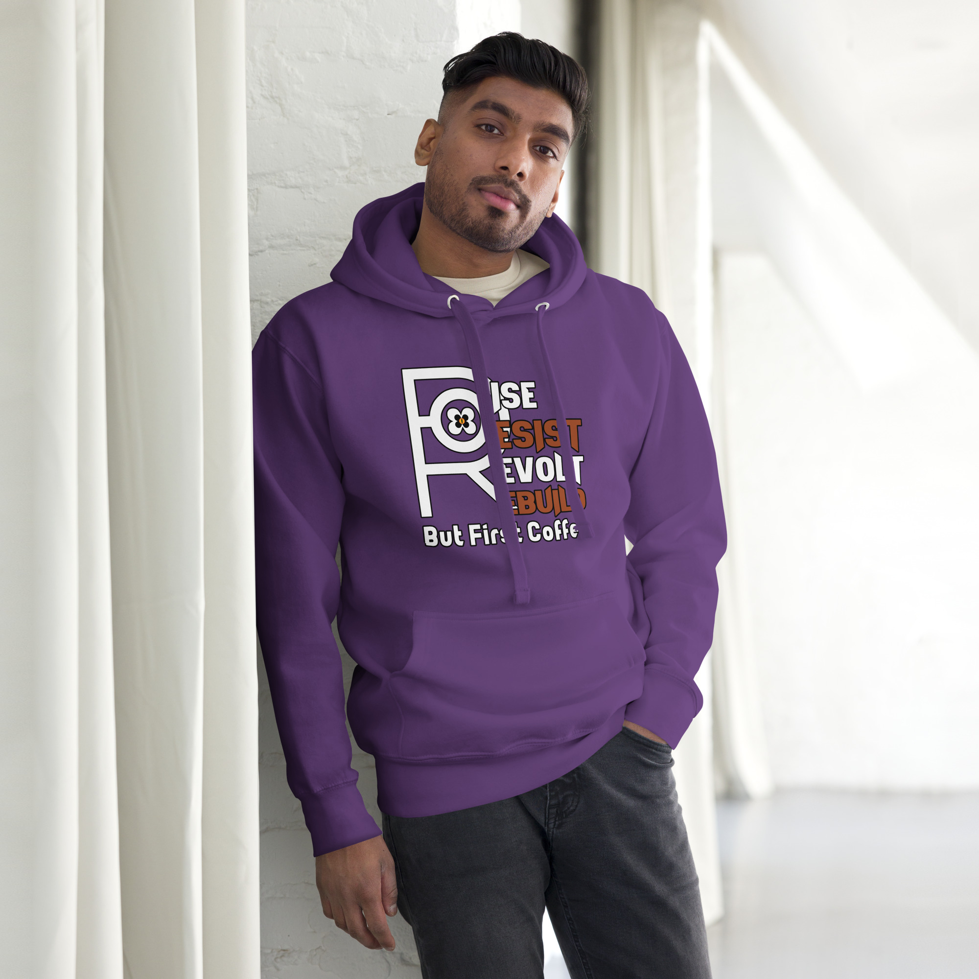R - Rise Resist Revolt Rebuild But First Coffee Dark Style Unisex Hoodie - Image 14