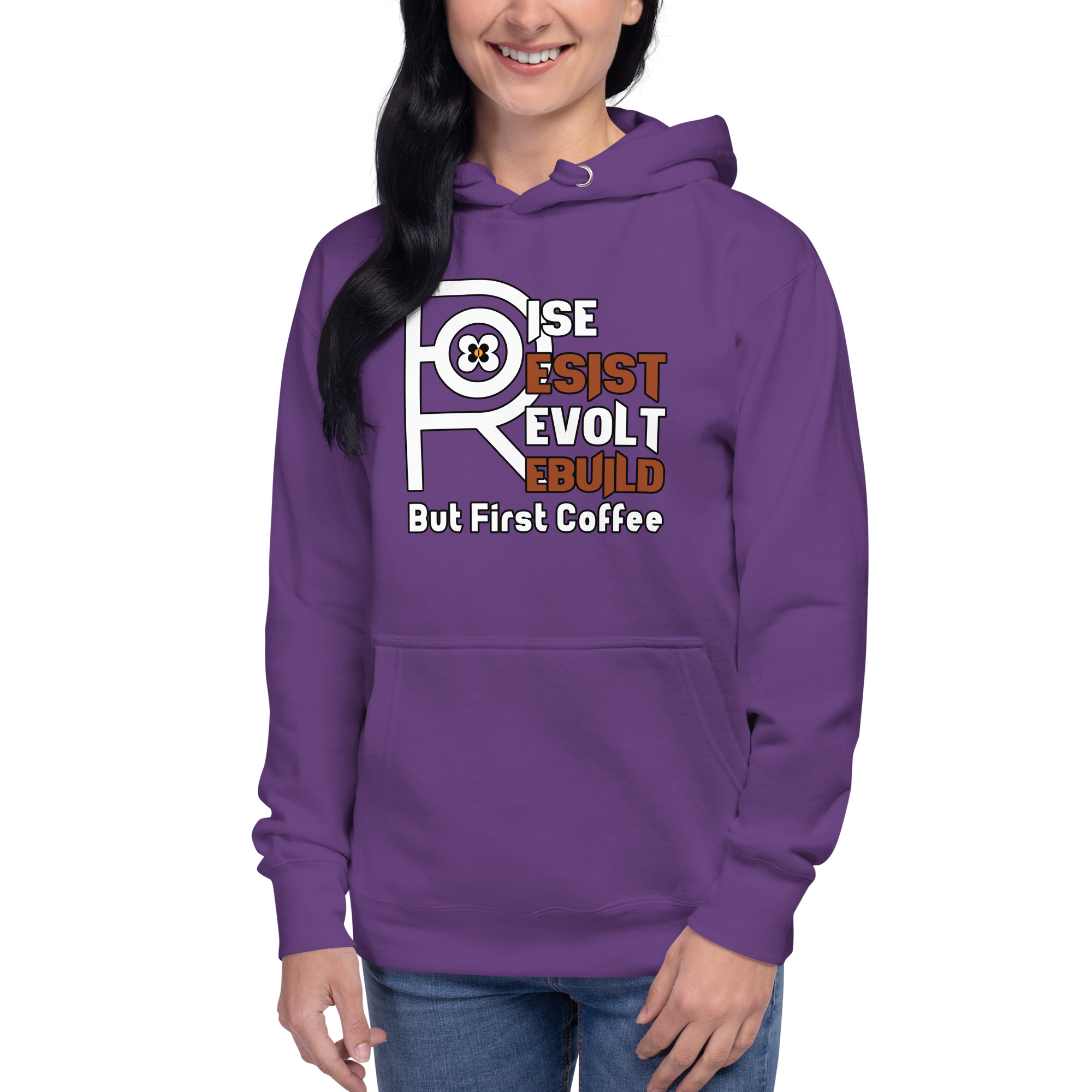 R - Rise Resist Revolt Rebuild But First Coffee Dark Style Unisex Hoodie - Image 15