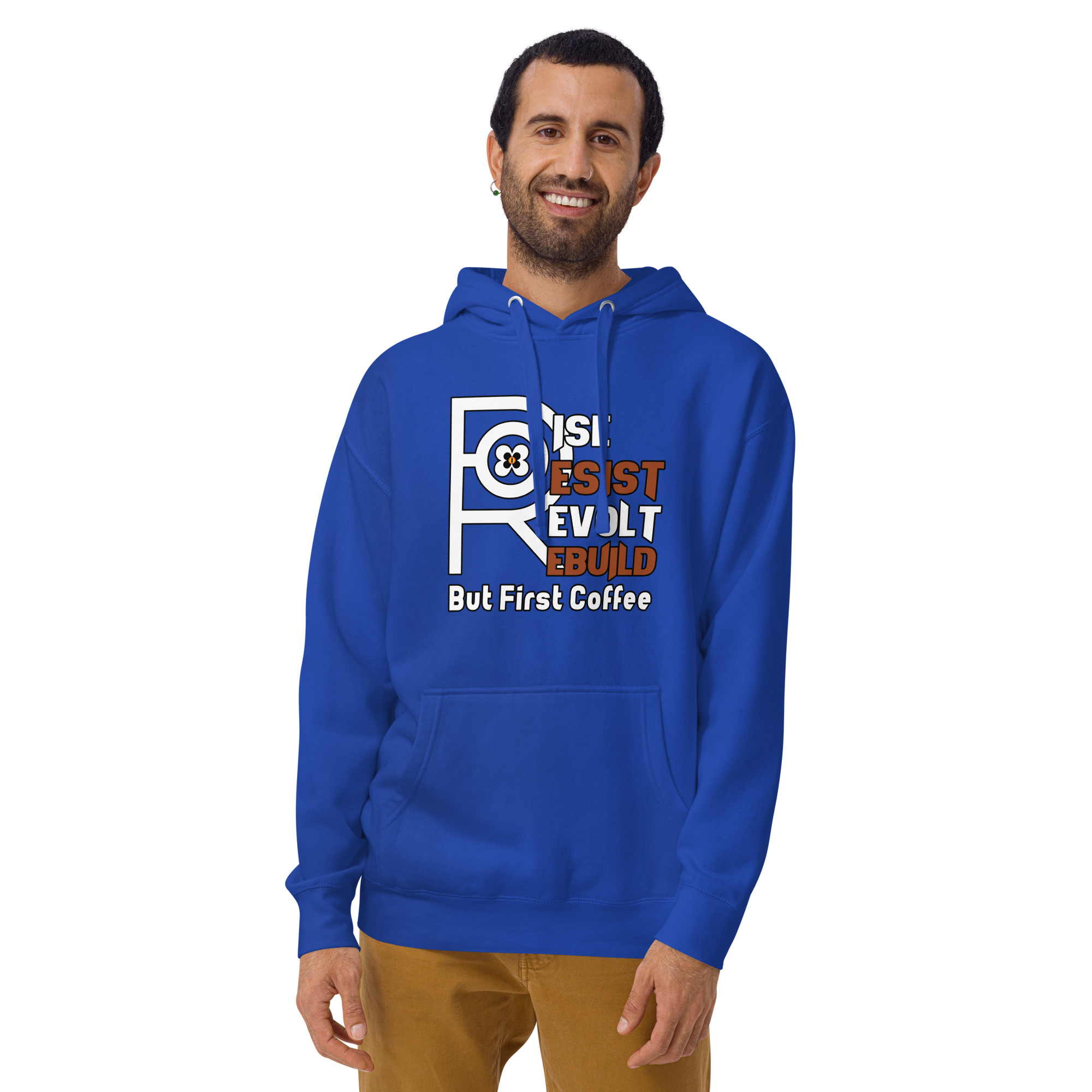 R - Rise Resist Revolt Rebuild But First Coffee Dark Style Unisex Hoodie - Image 12