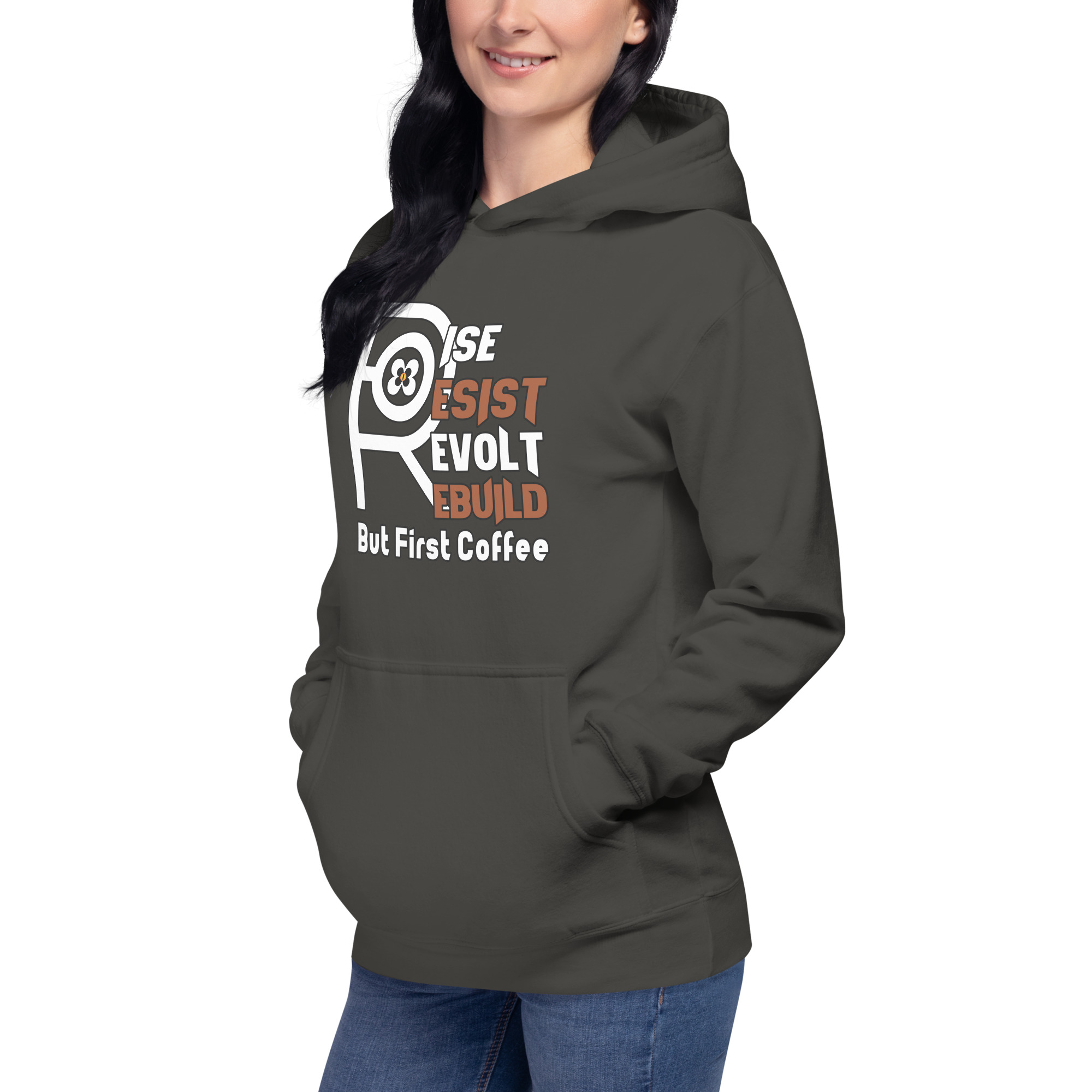R - Rise Resist Revolt Rebuild But First Coffee Dark Style Unisex Hoodie - Image 11