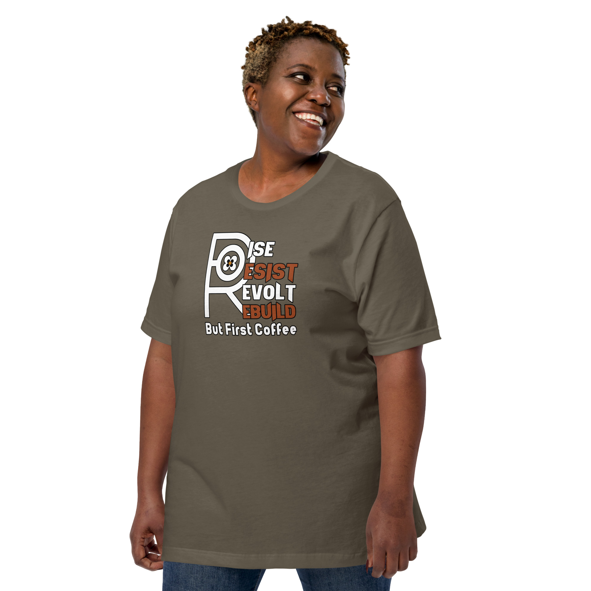 R - Rise Resist Revolt Rebuild But First Coffee Dark Style Unisex T-shirt - Image 25