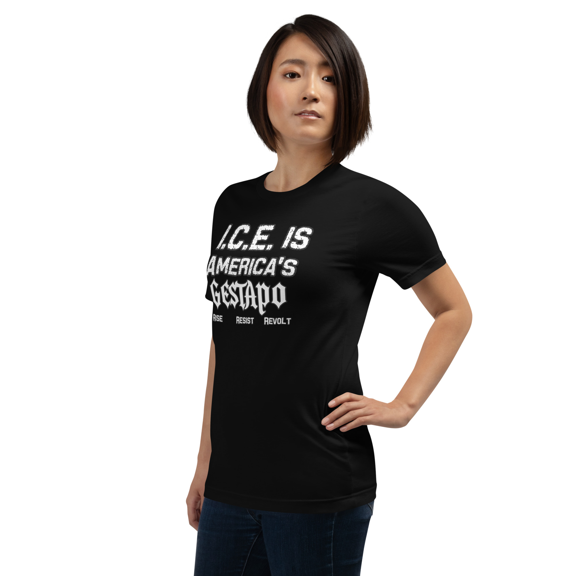 R - ICE Is America'a Gestapo Rise Resist Revolt Black Unisex T-shirt - Image 2
