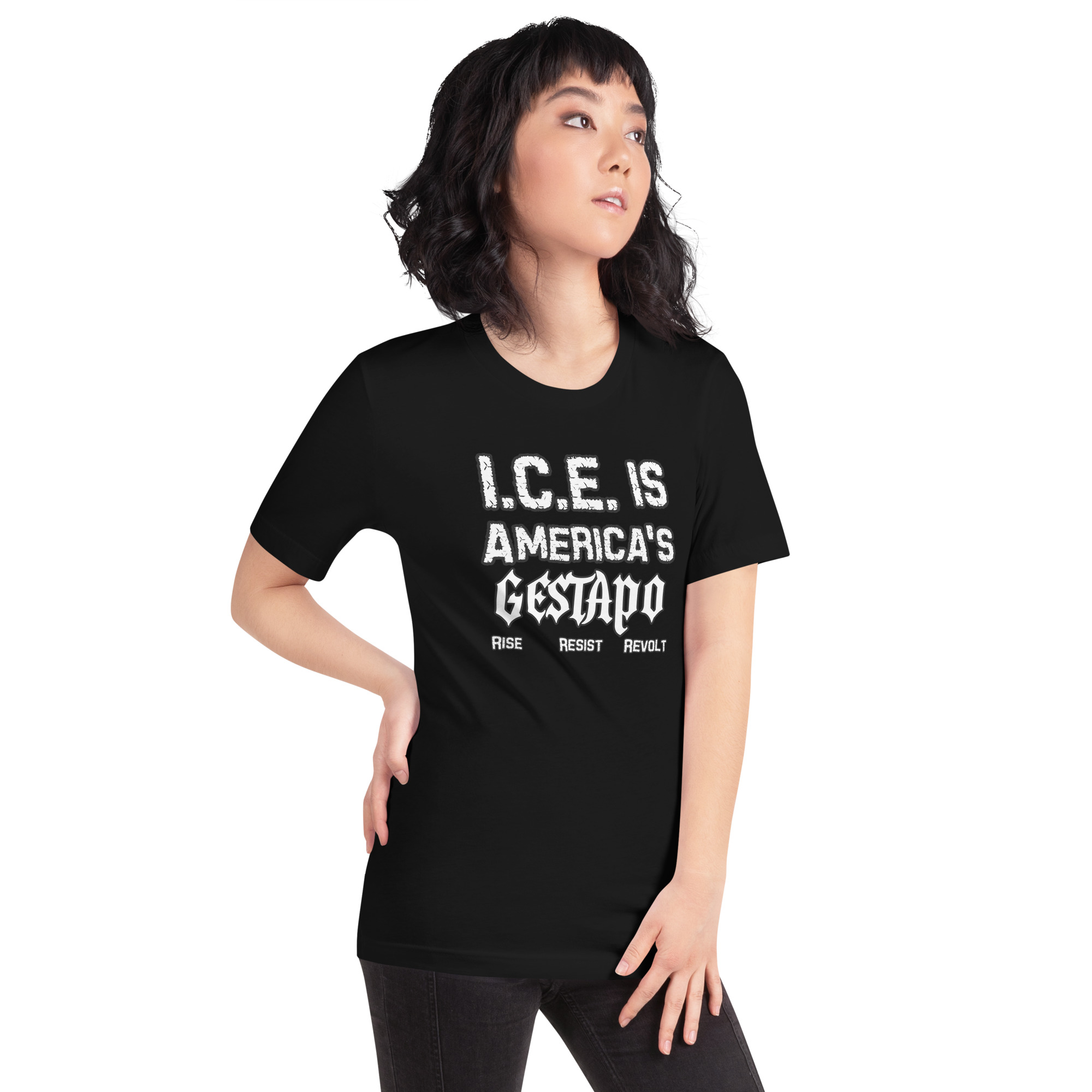 R - ICE Is America'a Gestapo Rise Resist Revolt Black Unisex T-shirt - Image 6