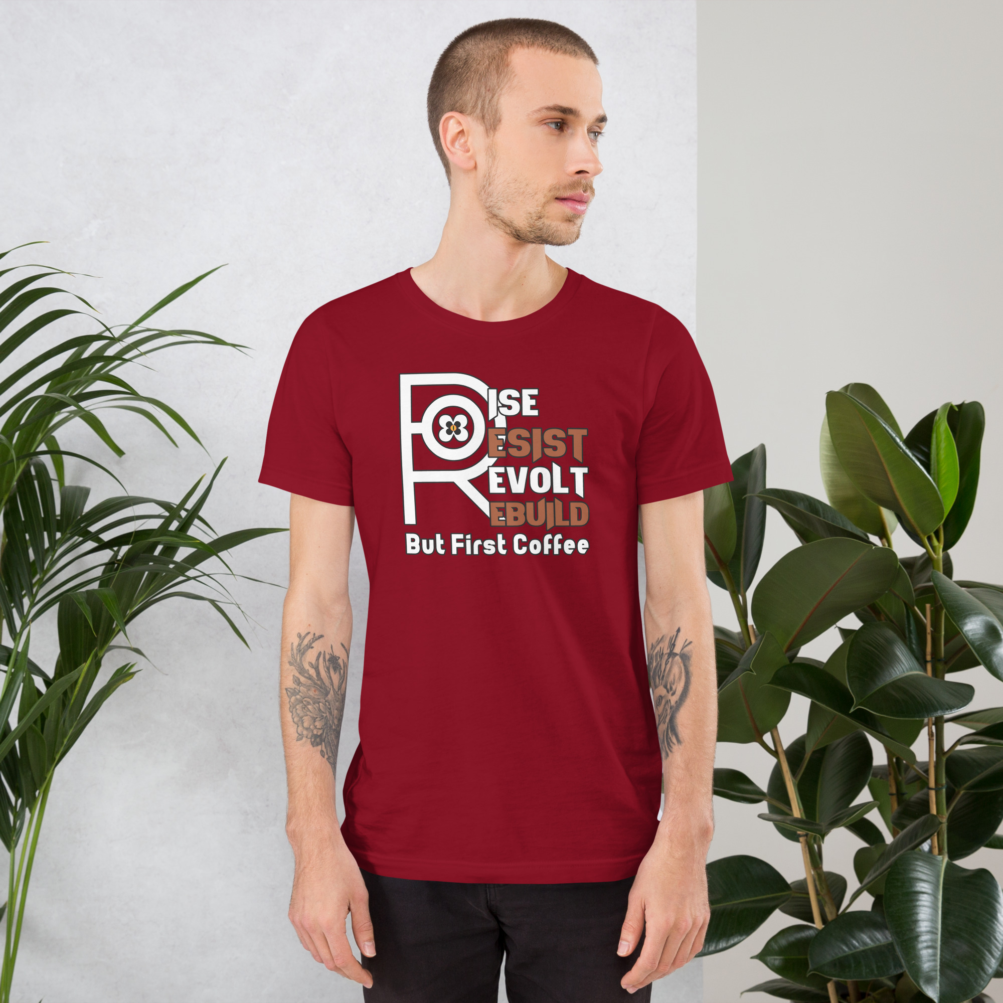 R - Rise Resist Revolt Rebuild But First Coffee Dark Style Unisex T-shirt - Image 8