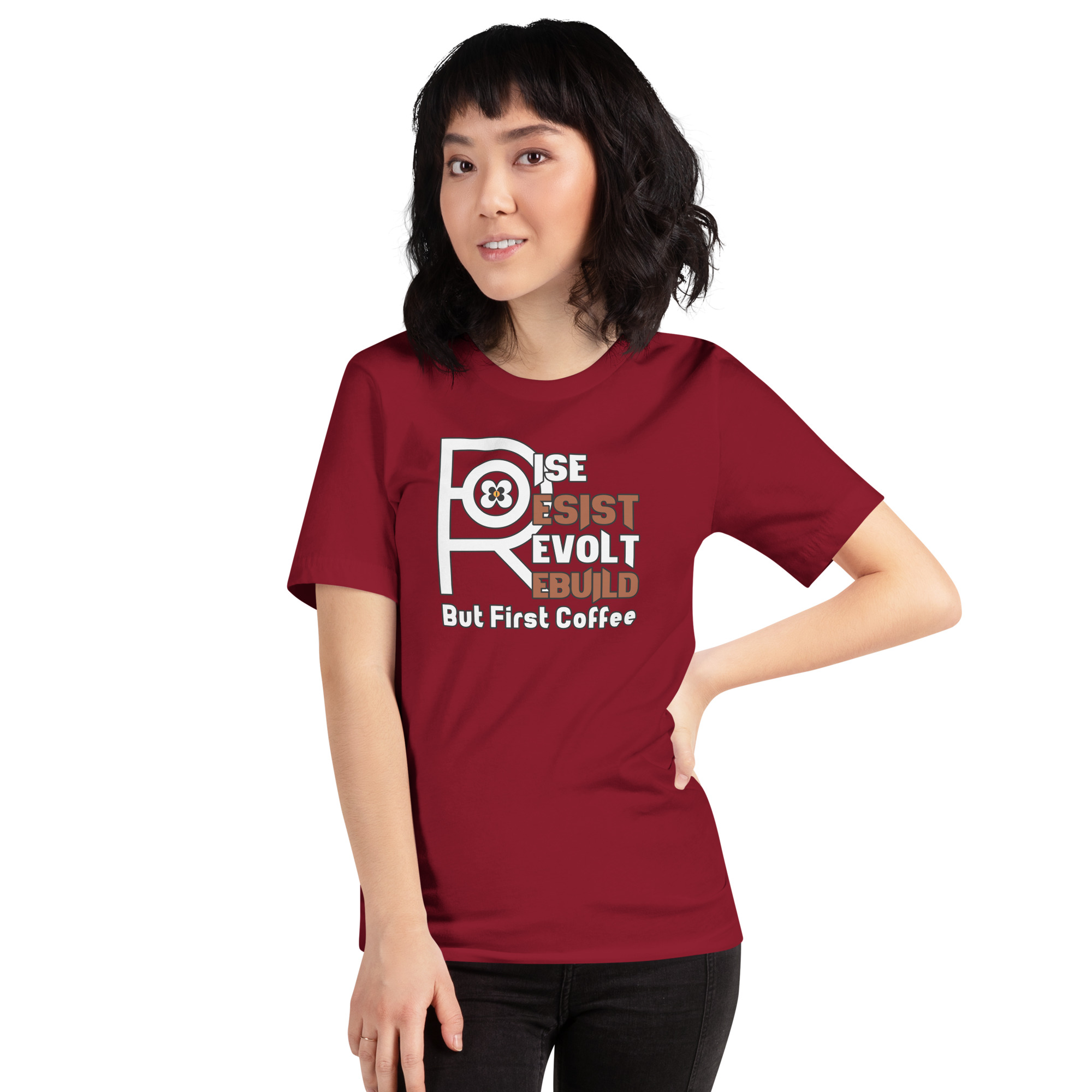 R - Rise Resist Revolt Rebuild But First Coffee Dark Style Unisex T-shirt - Image 9