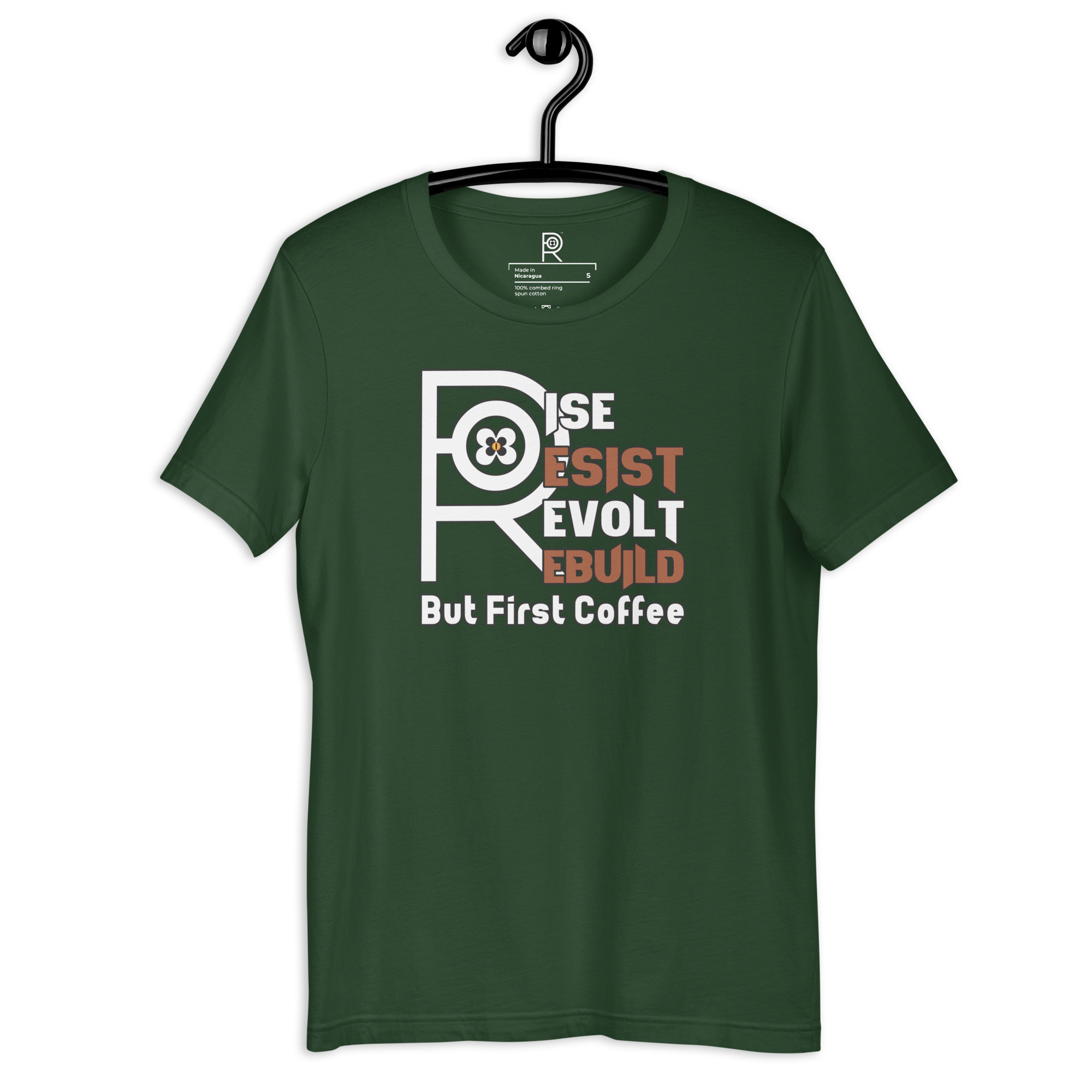 R - Rise Resist Revolt Rebuild But First Coffee Dark Style Unisex T-shirt - Image 49