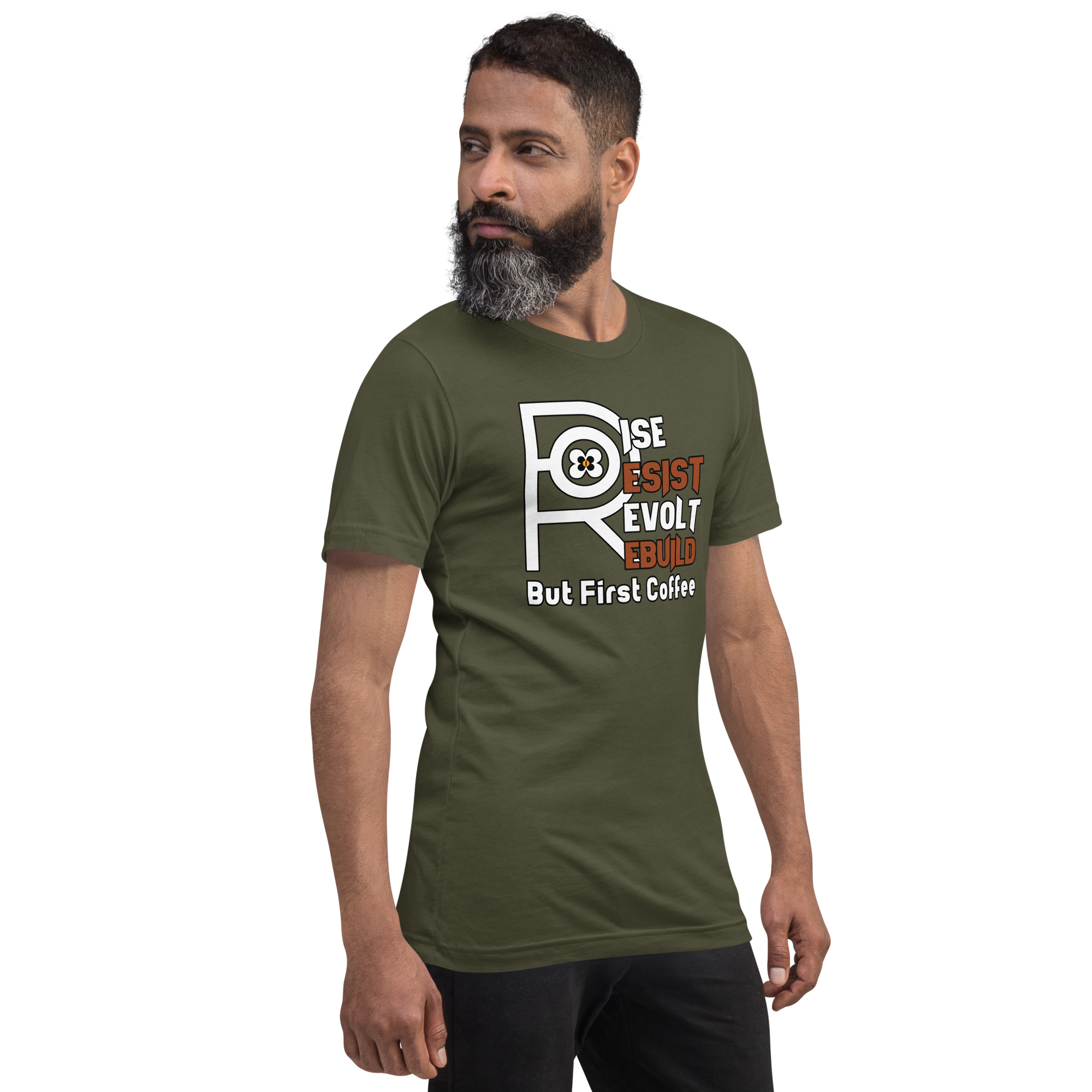 R - Rise Resist Revolt Rebuild But First Coffee Dark Style Unisex T-shirt - Image 21