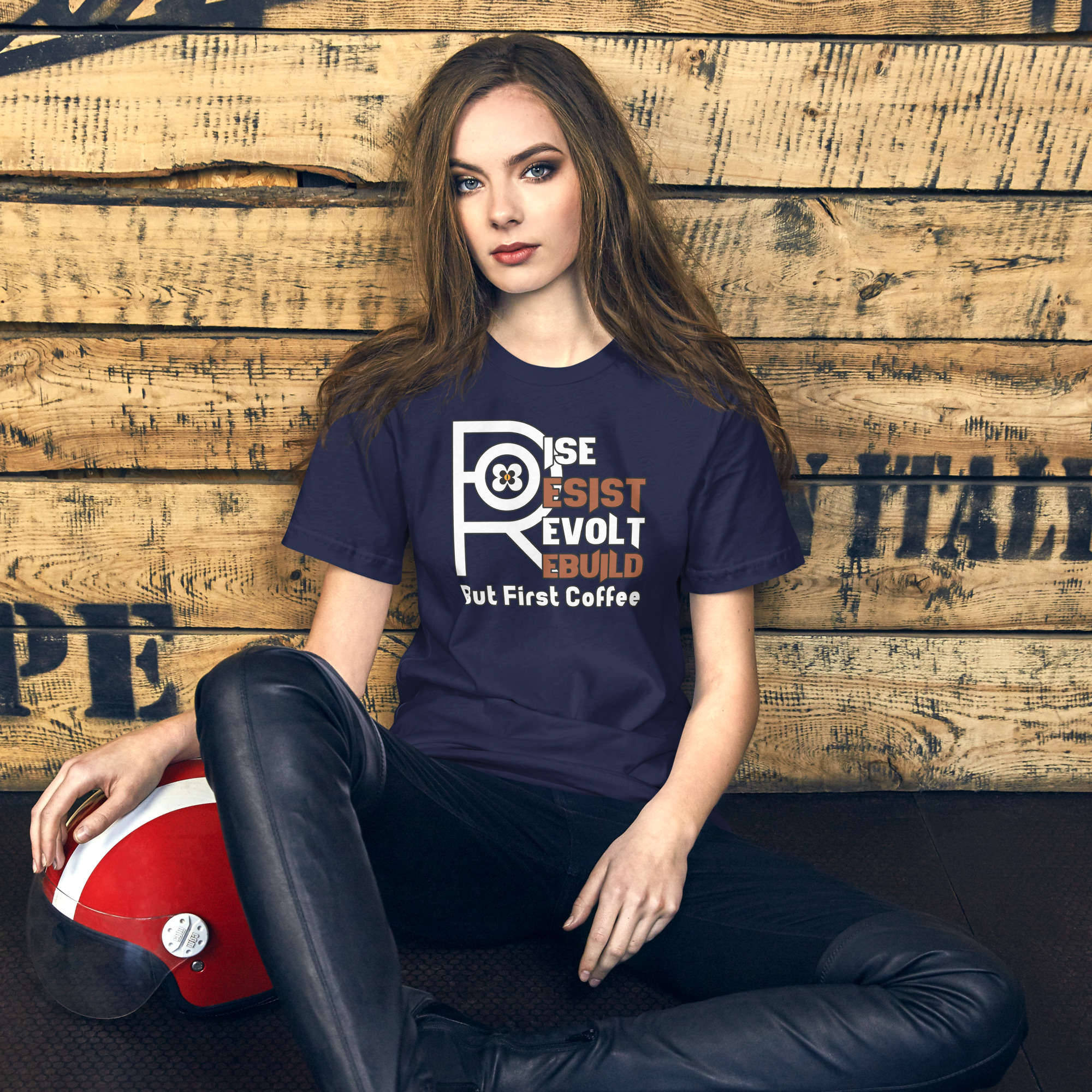 R - Rise Resist Revolt Rebuild But First Coffee Dark Style Unisex T-shirt - Image 7