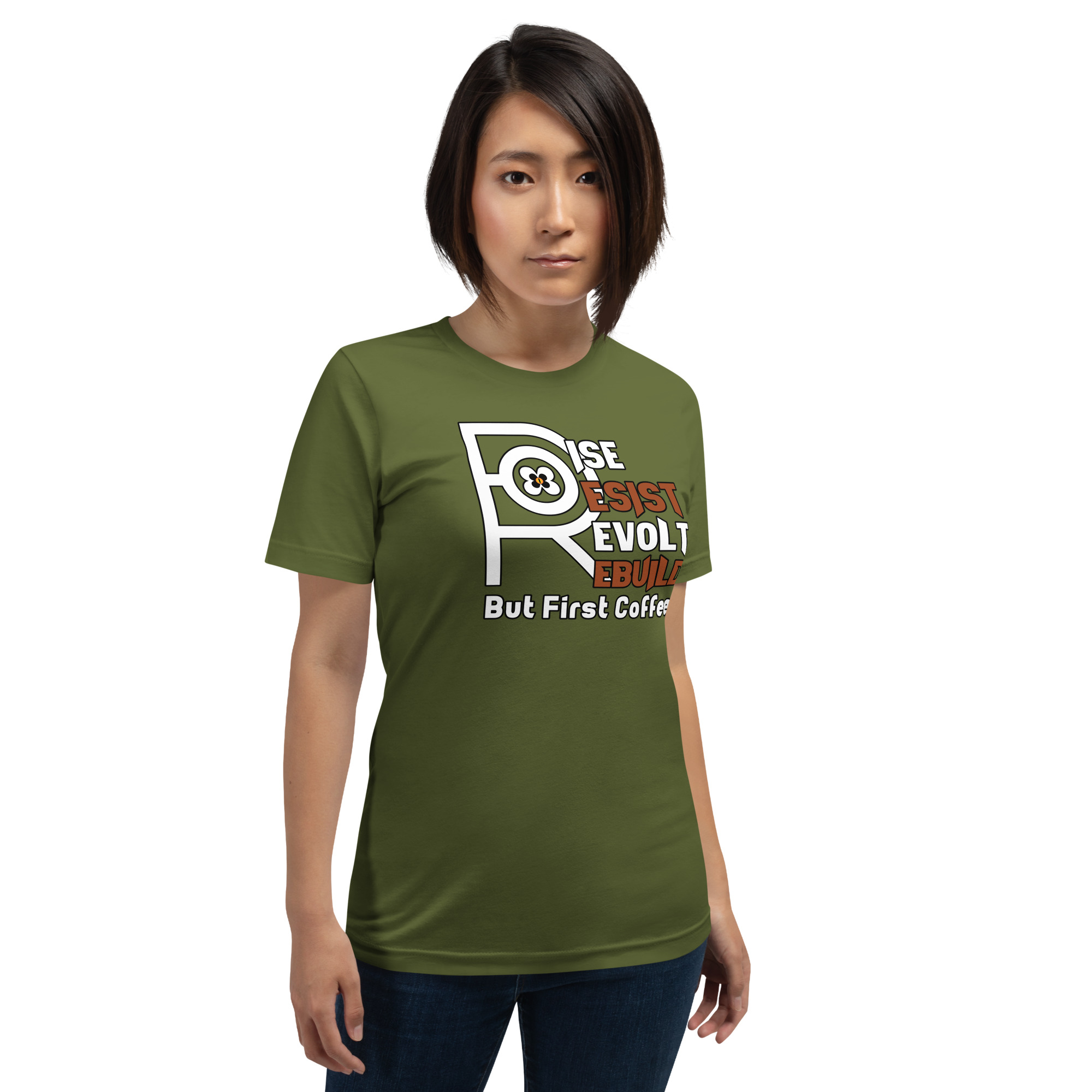 R - Rise Resist Revolt Rebuild But First Coffee Dark Style Unisex T-shirt - Image 27