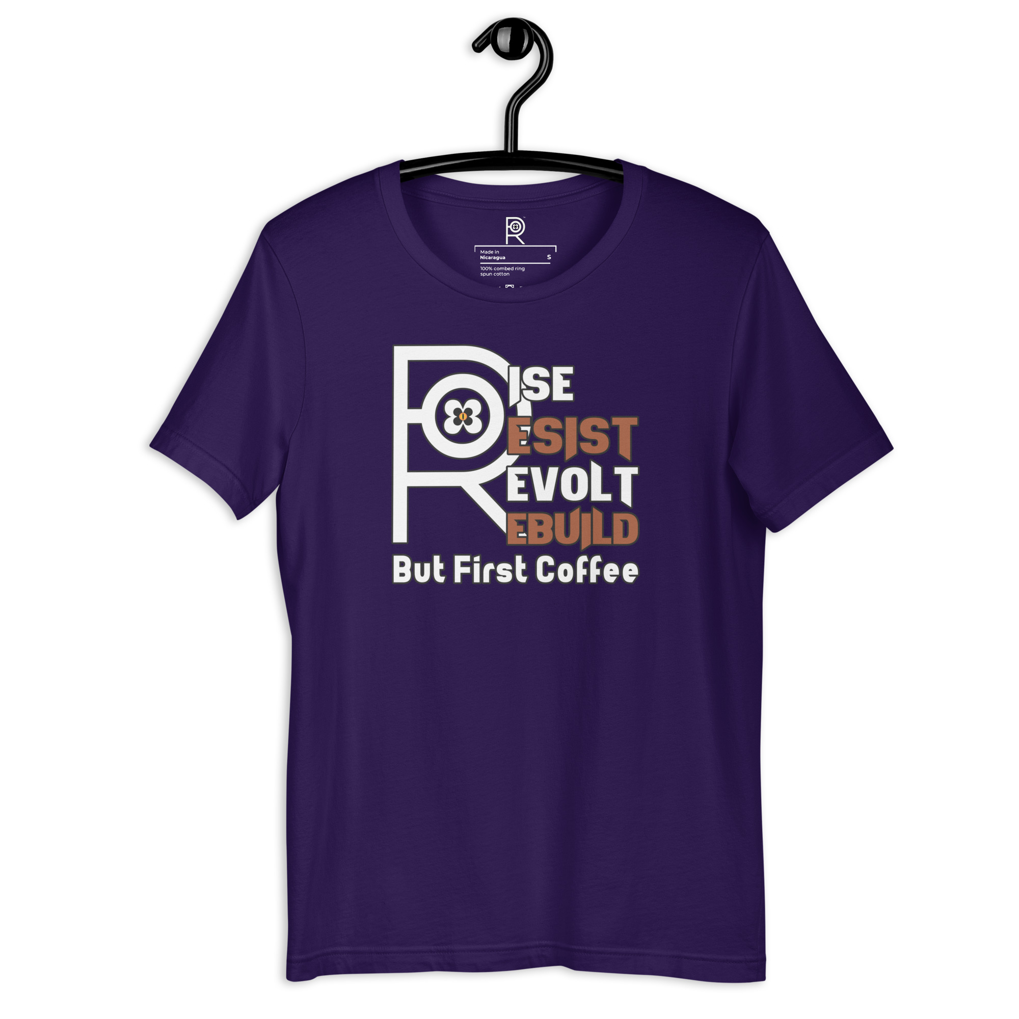 R - Rise Resist Revolt Rebuild But First Coffee Dark Style Unisex T-shirt - Image 32