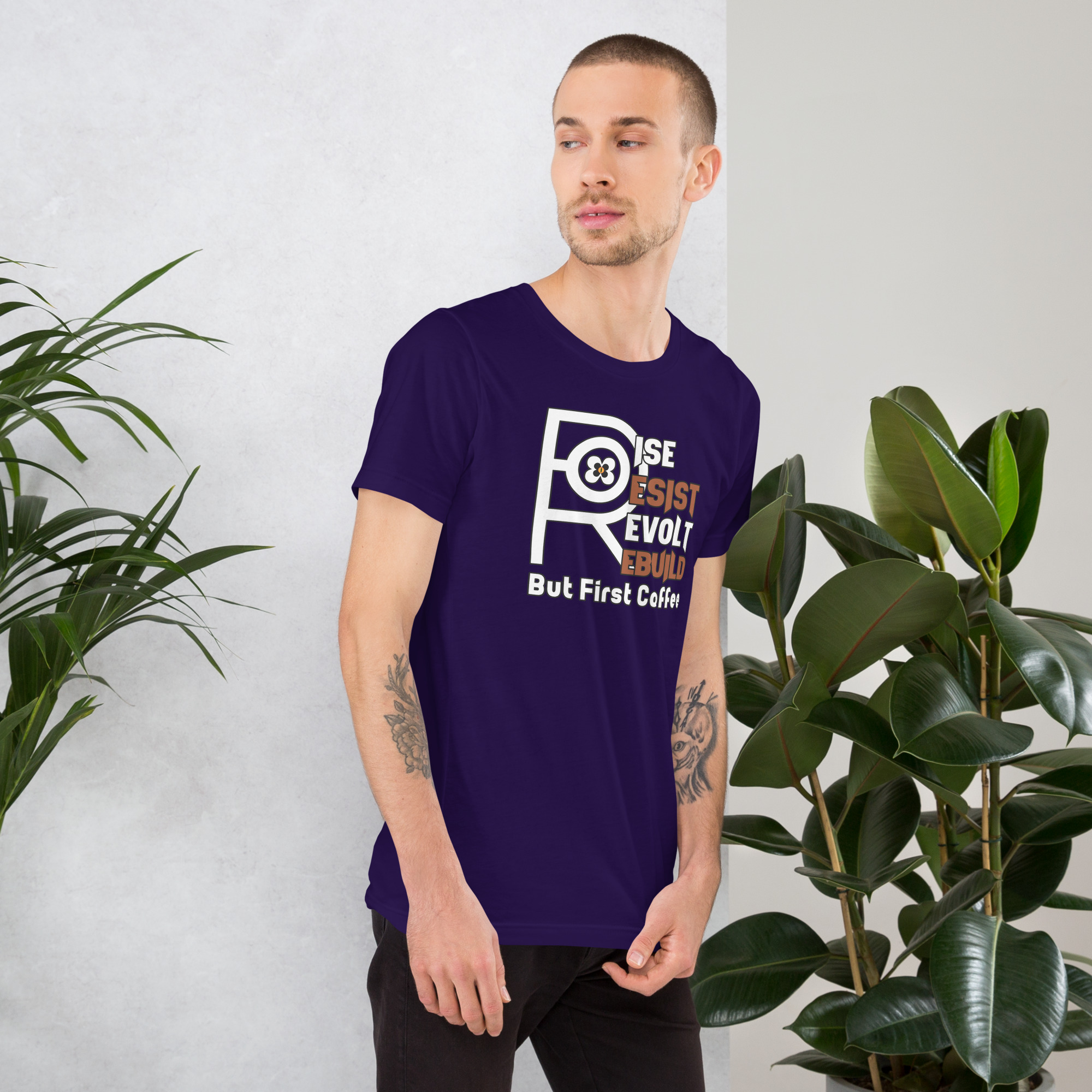 R - Rise Resist Revolt Rebuild But First Coffee Dark Style Unisex T-shirt - Image 5