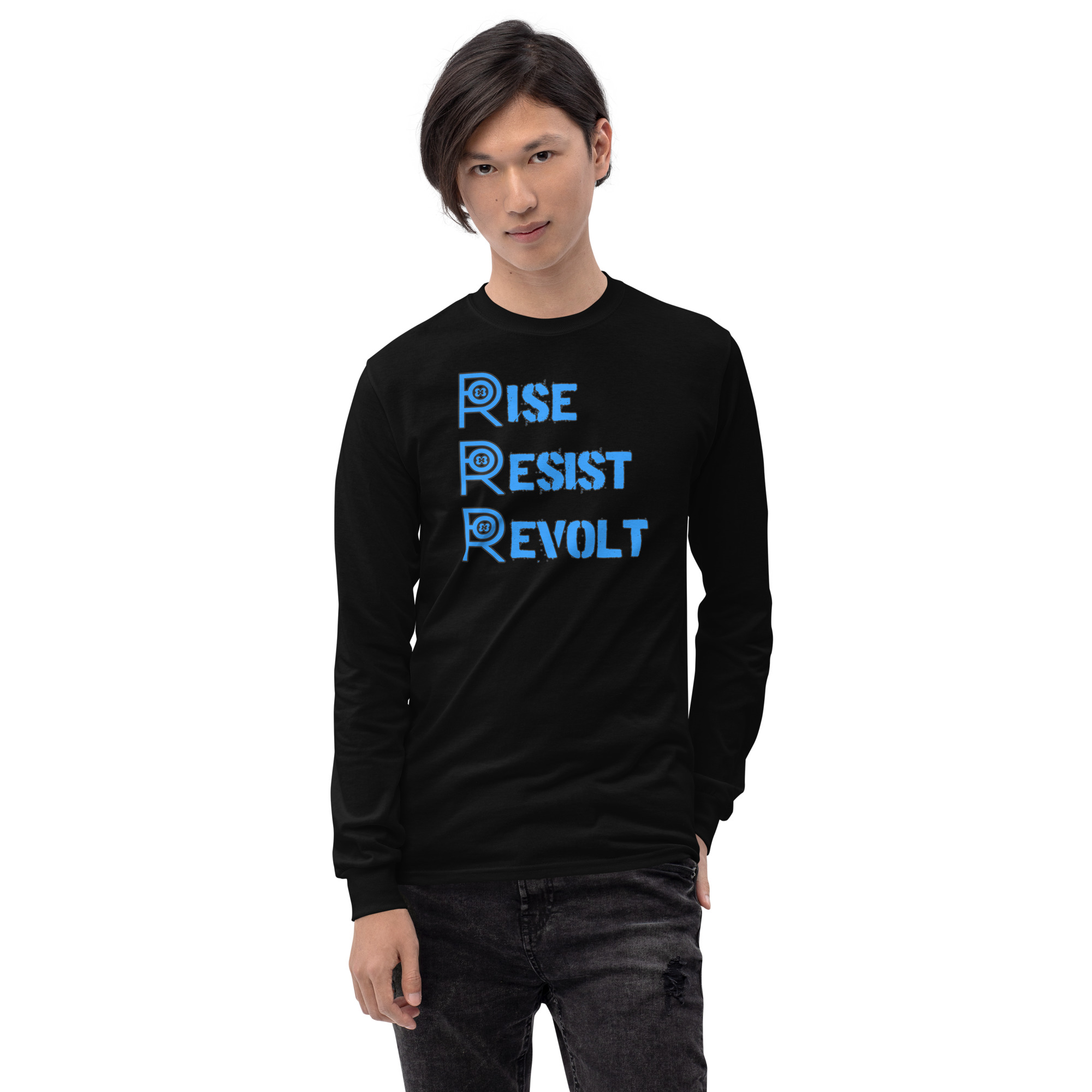 R - Rise Resist Revolt Sky Blue And Black Dark Style Men’s Long Sleeve Shirt - Image 3