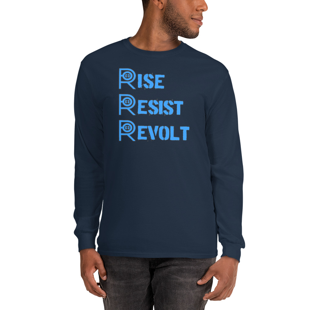 R - Rise Resist Revolt Sky Blue And Black Dark Style Men’s Long Sleeve Shirt - Image 5