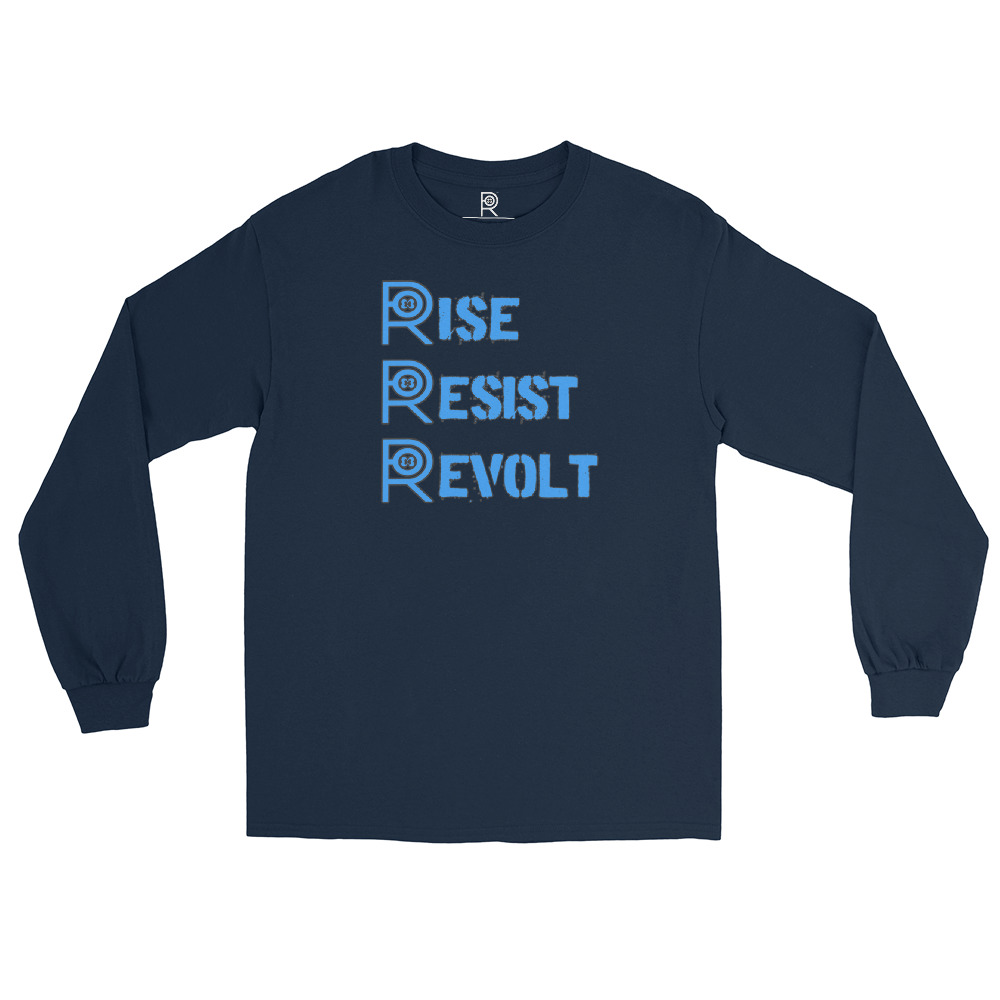 R - Rise Resist Revolt Sky Blue And Black Dark Style Men’s Long Sleeve Shirt - Image 6