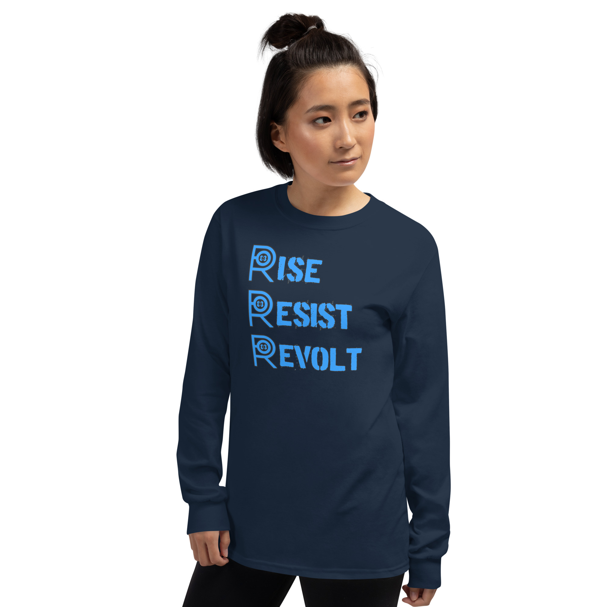 R - Rise Resist Revolt Sky Blue And Black Dark Style Men’s Long Sleeve Shirt - Image 4