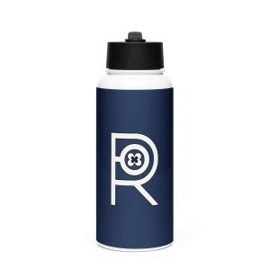 R - White And Black Outlined Navy Blue Stainless Steel Water Bottle With A Straw Lid