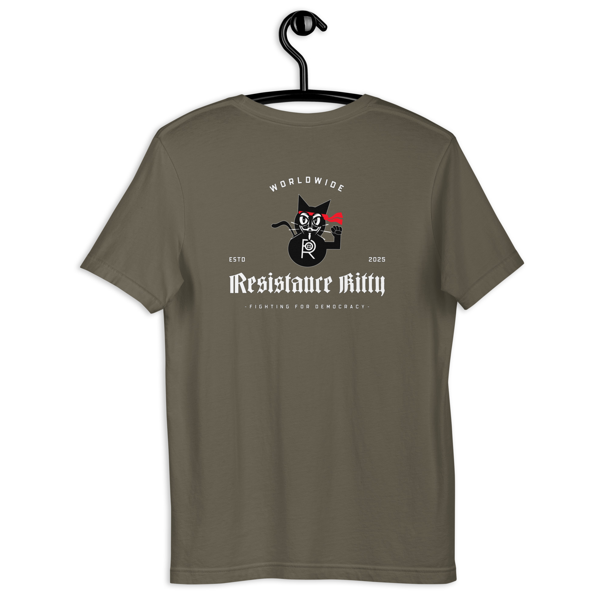 R - Resistance Kitty Fighting For Democracy Worldwide Estd 2025 Dark Style 2 Unisex T-shirt - Image 65