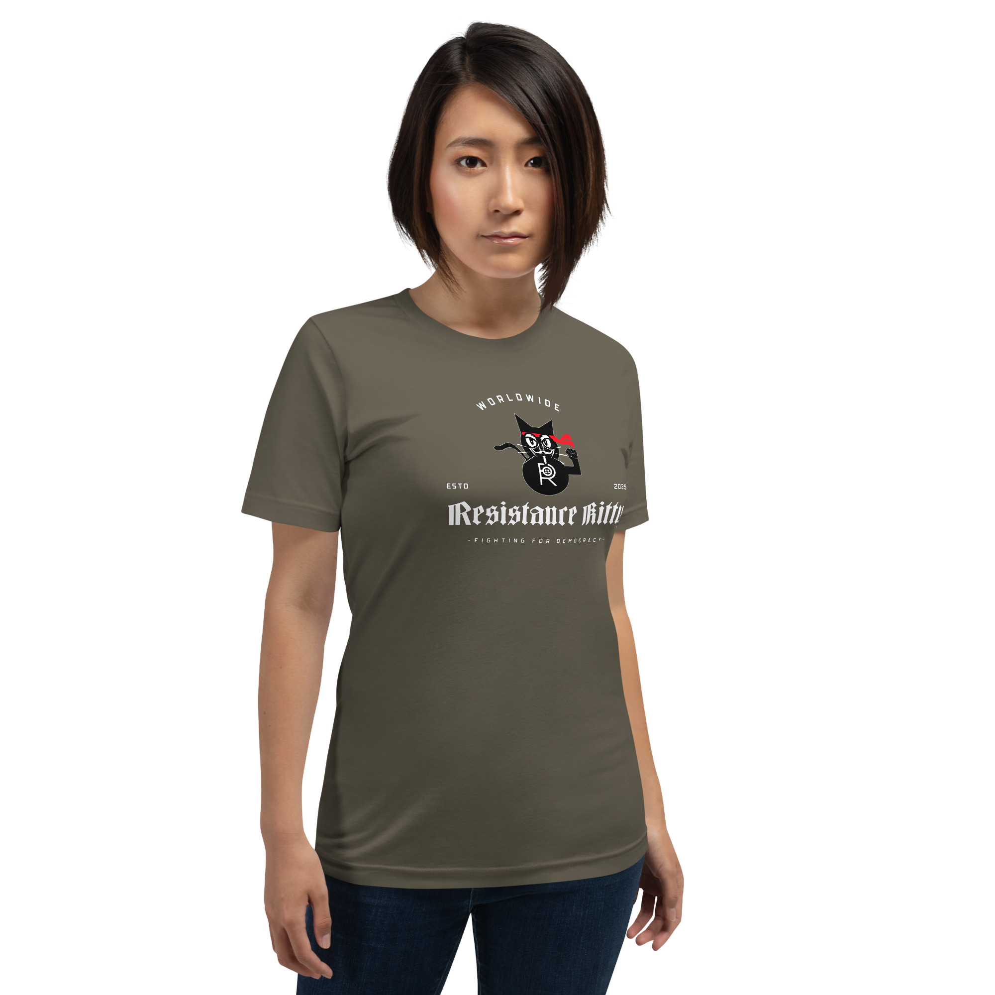 R - Resistance Kitty Fighting For Democracy Worldwide Estd 2025 Dark Style Unisex T-shirt - Image 24