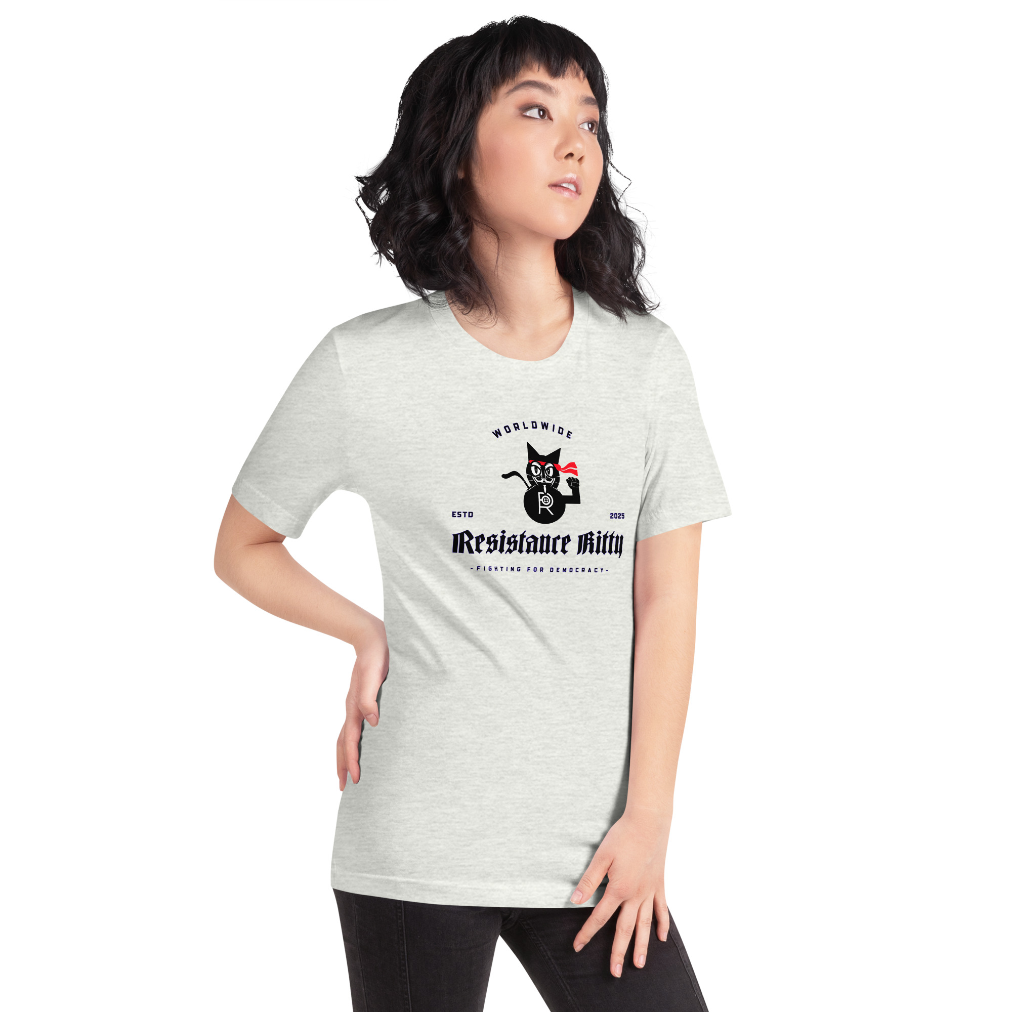 R - Resistance Kitty Fighting For Democracy Worldwide Estd 2025 Light Style Unisex T-shirt - Image 23