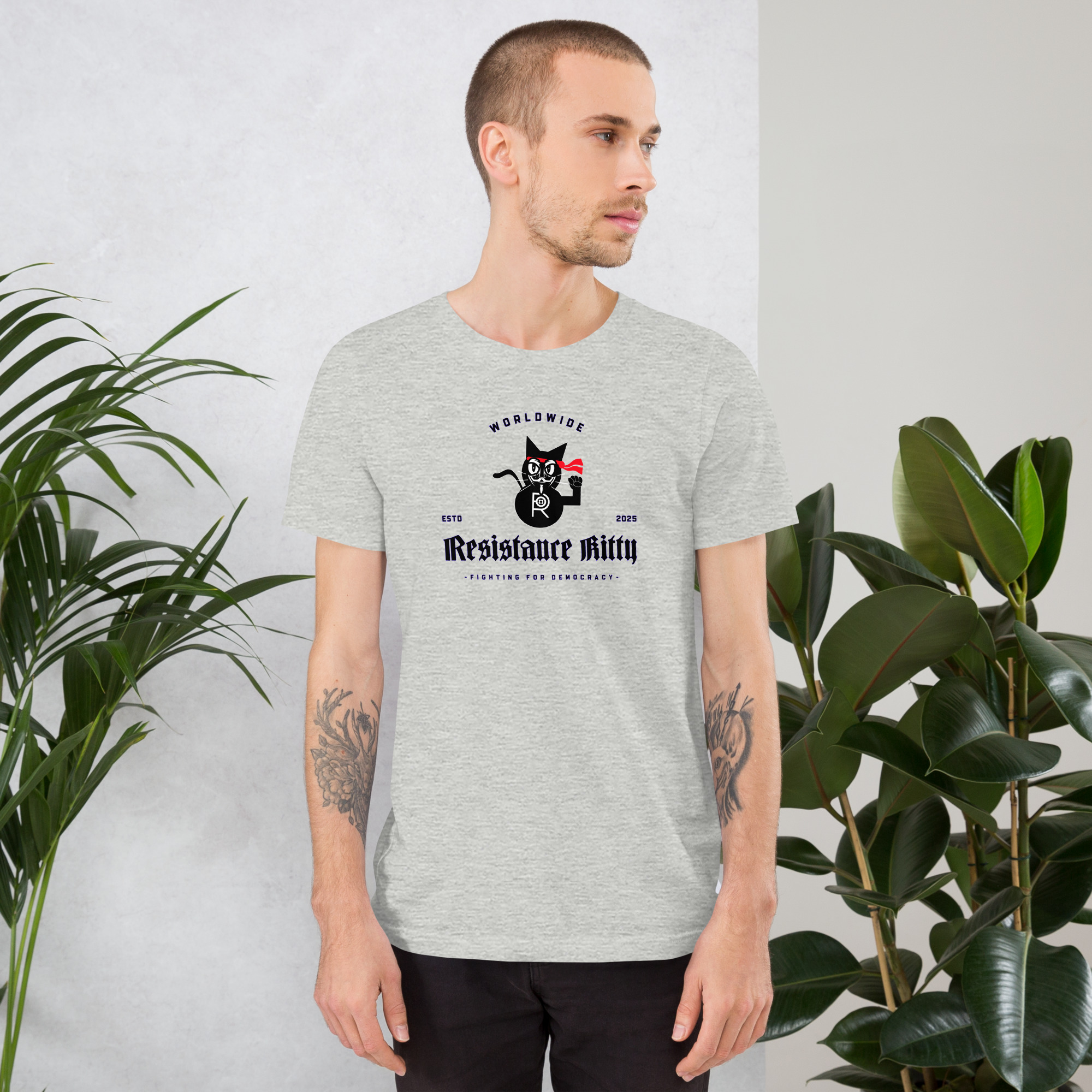 R - Resistance Kitty Fighting For Democracy Worldwide Estd 2025 Light Heather Style Unisex T-shirt - Image 14