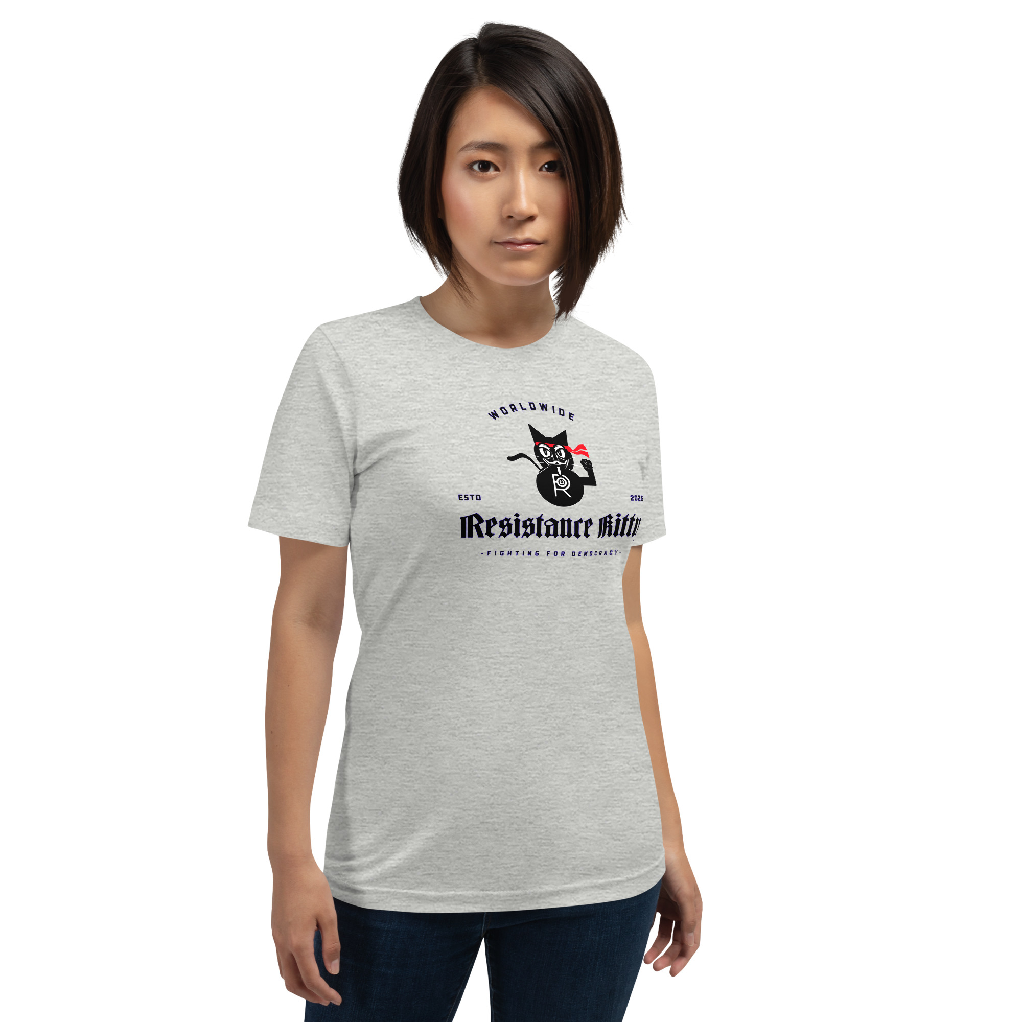 R - Resistance Kitty Fighting For Democracy Worldwide Estd 2025 Light Heather Style Unisex T-shirt - Image 15