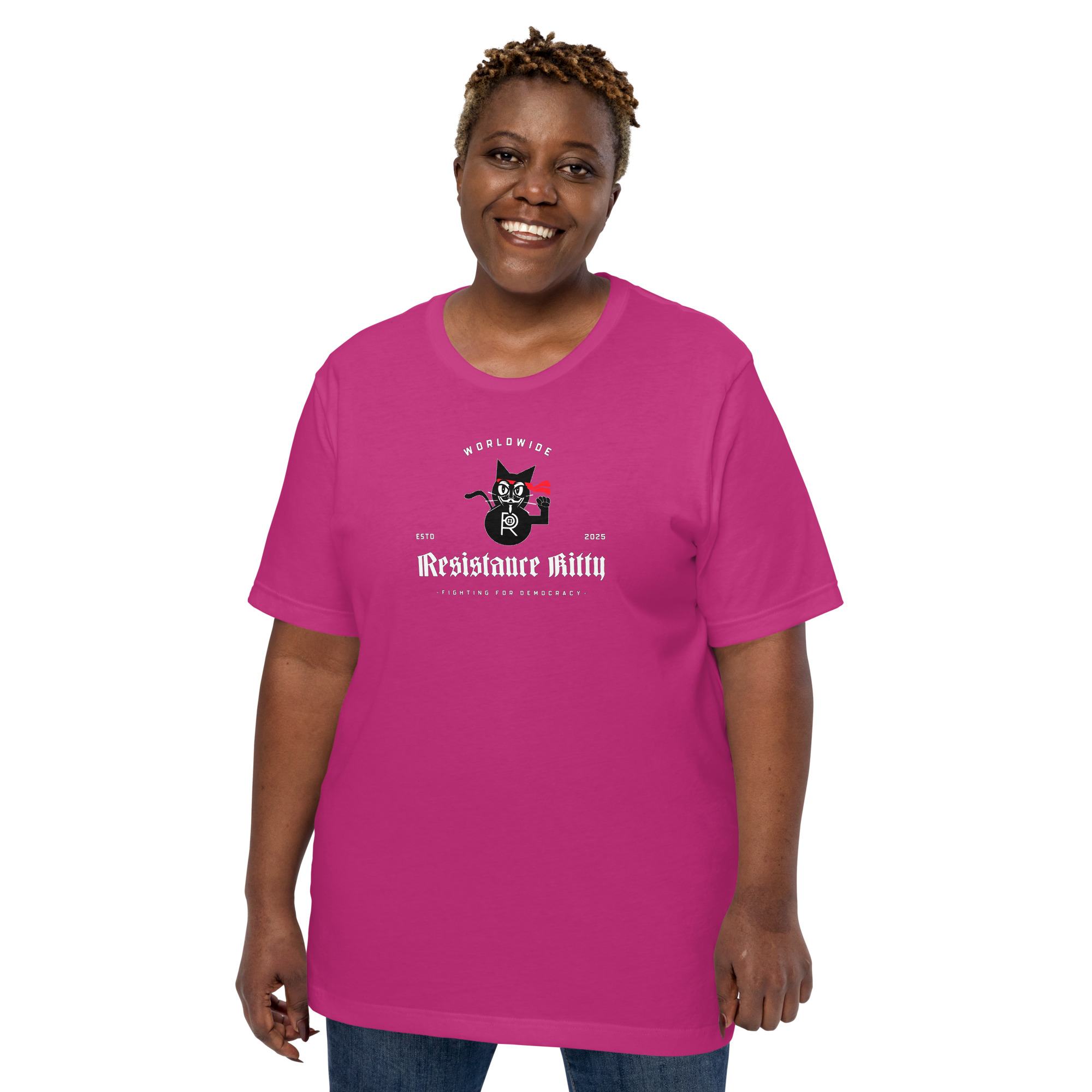 R - Resistance Kitty Fighting For Democracy Worldwide Estd 2025 Dark Style Unisex T-shirt - Image 21