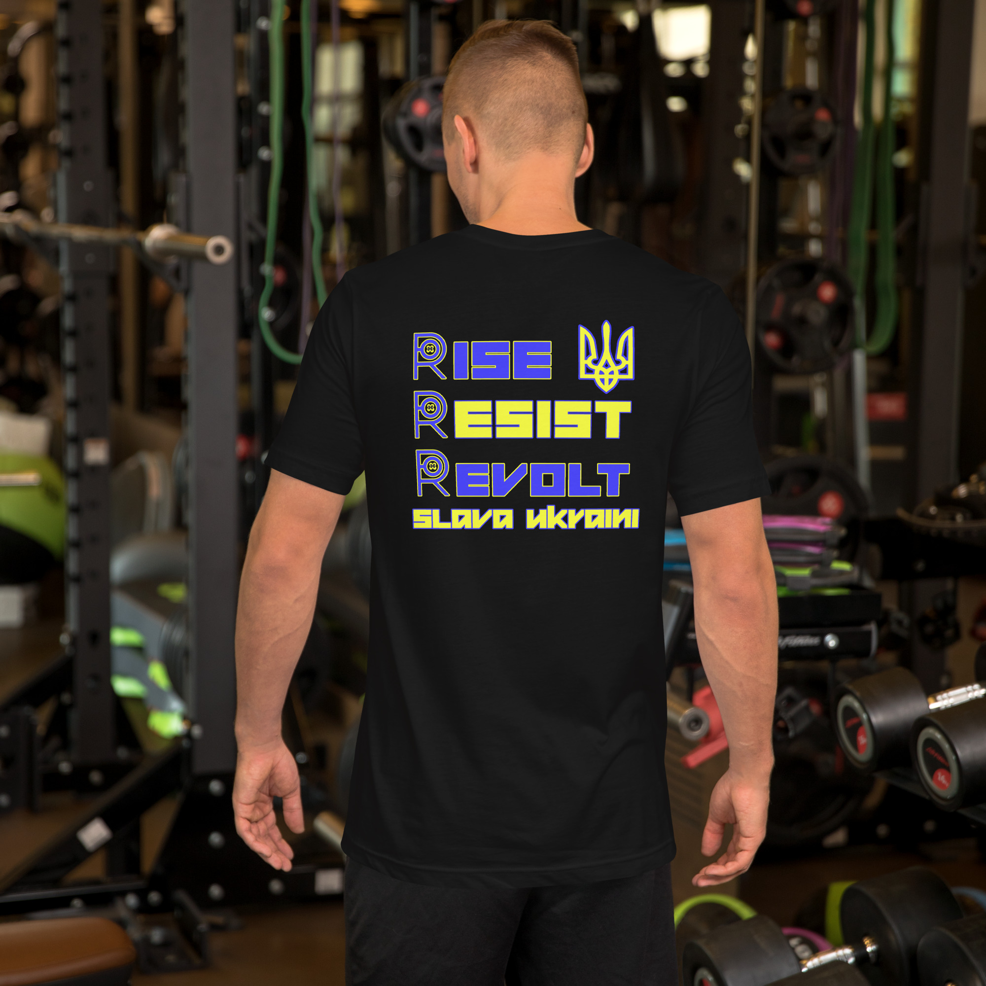 R - Rise Resist Revolt Slava Ukraini Black Unisex T-shirt - Image 2
