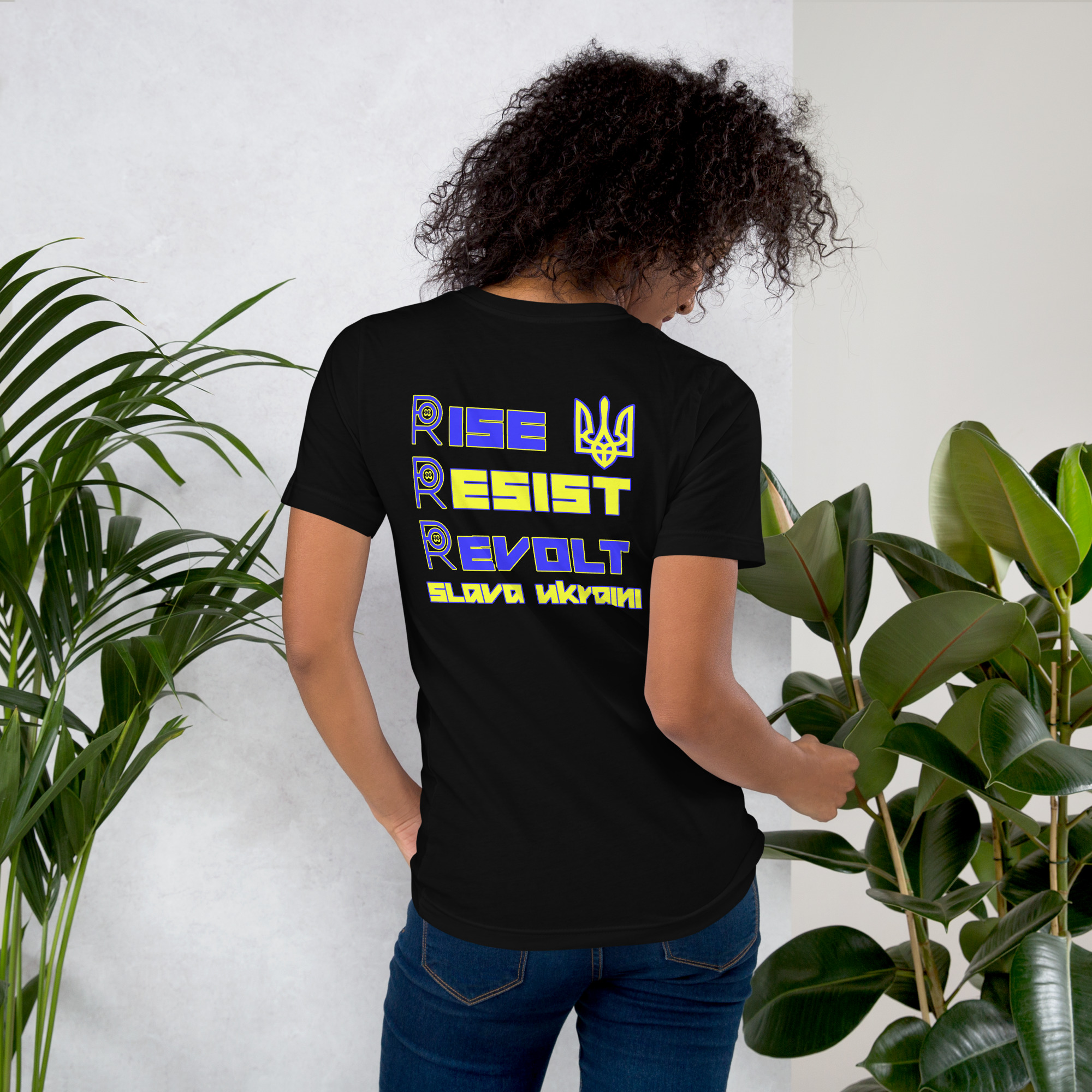 R - Rise Resist Revolt Slava Ukraini Black Unisex T-shirt - Image 10