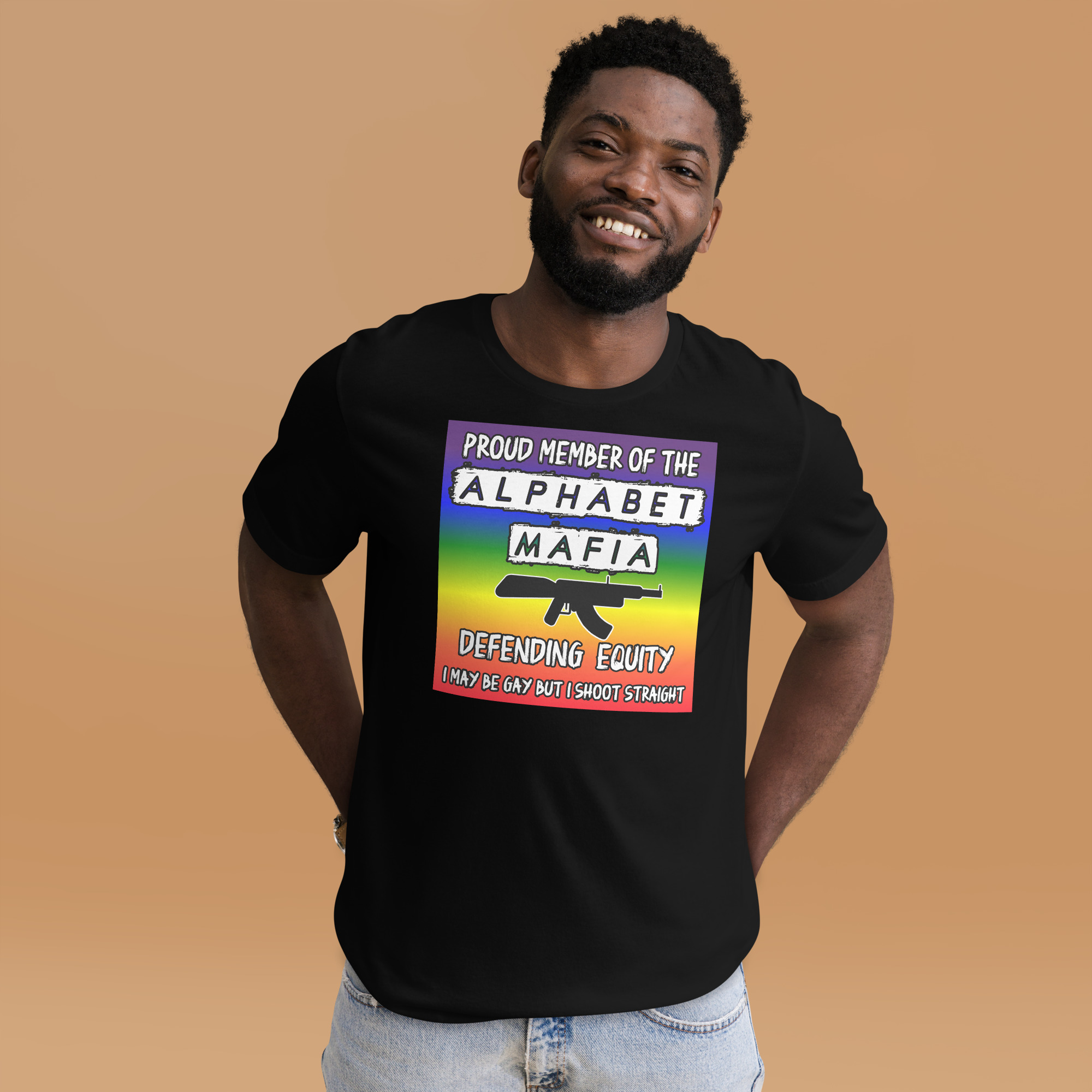 R - Proud Member Of The Alphabet Mafia Defending Equity I May Be Gay But I Shoot Straight Black Unisex T-shirt - Image 2