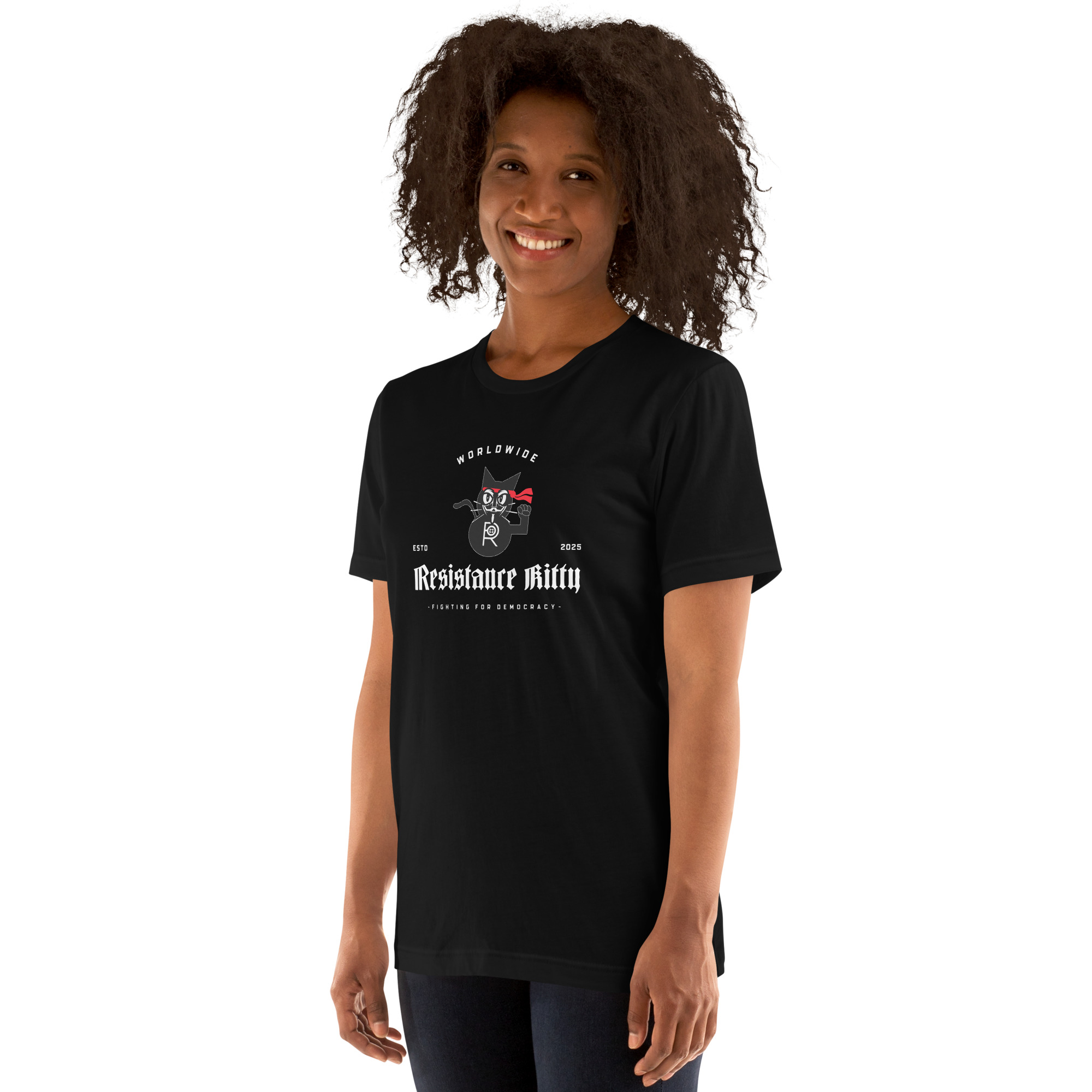 R - Resistance Kitty Fighting For Democracy Worldwide Estd 2025 Dark Style Unisex T-shirt - Image 4
