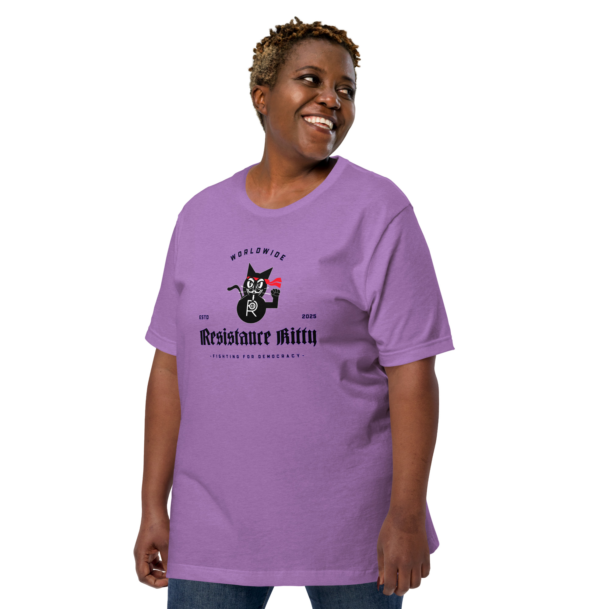 R - Resistance Kitty Fighting For Democracy Worldwide Estd 2025 Light Heather Style Unisex T-shirt - Image 4
