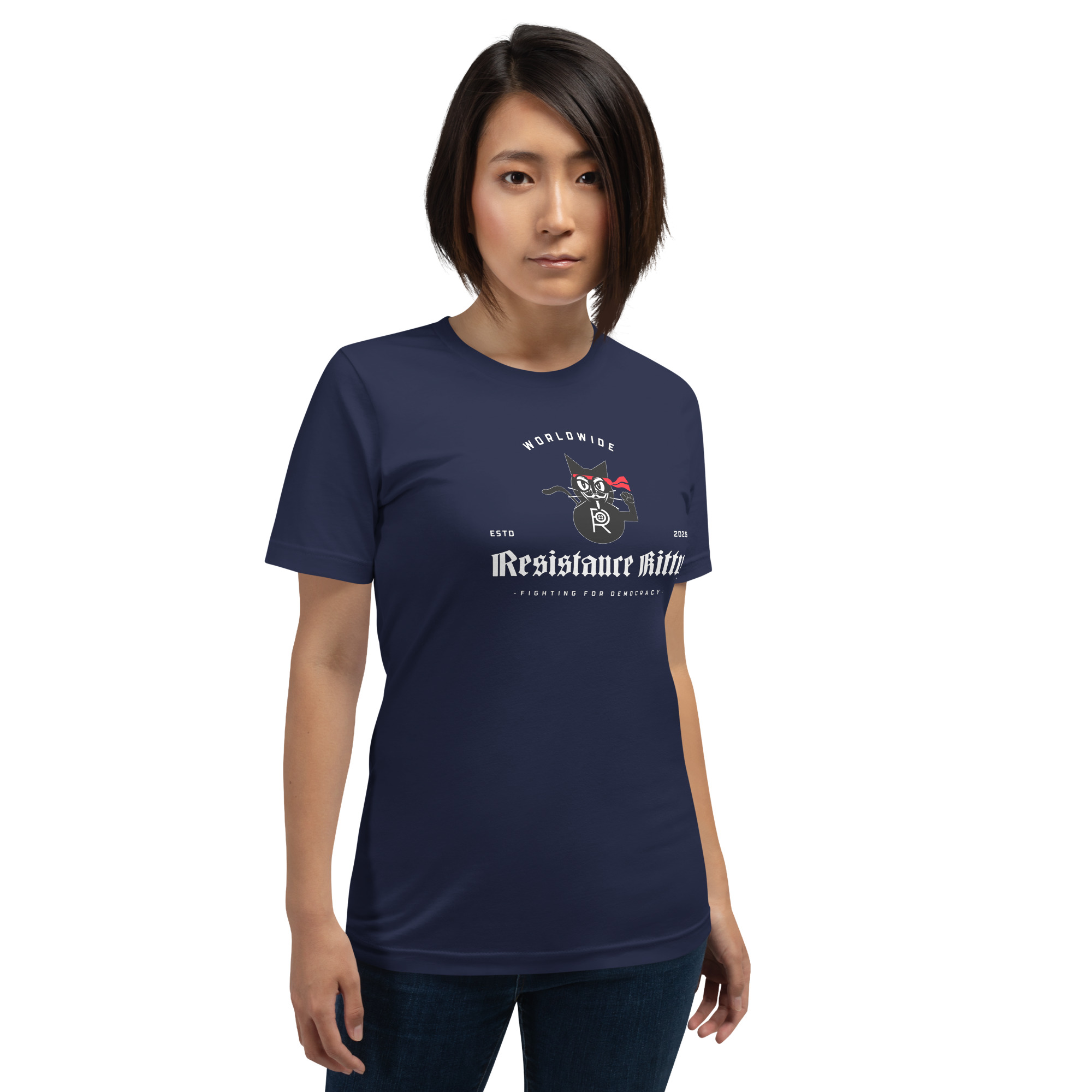 R - Resistance Kitty Fighting For Democracy Worldwide Estd 2025 Dark Style Unisex T-shirt - Image 11