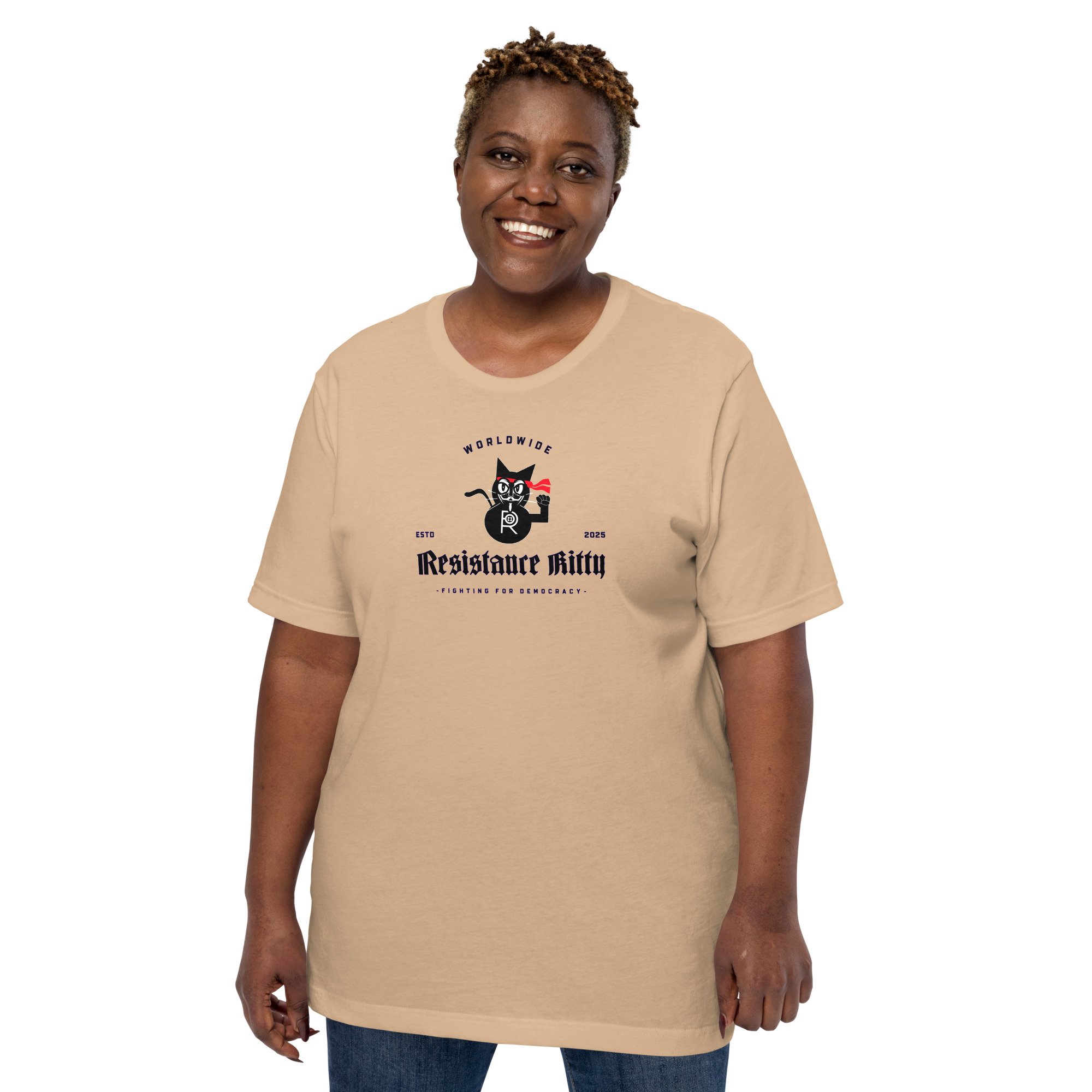 R - Resistance Kitty Fighting For Democracy Worldwide Estd 2025 Light Style Unisex T-shirt - Image 5