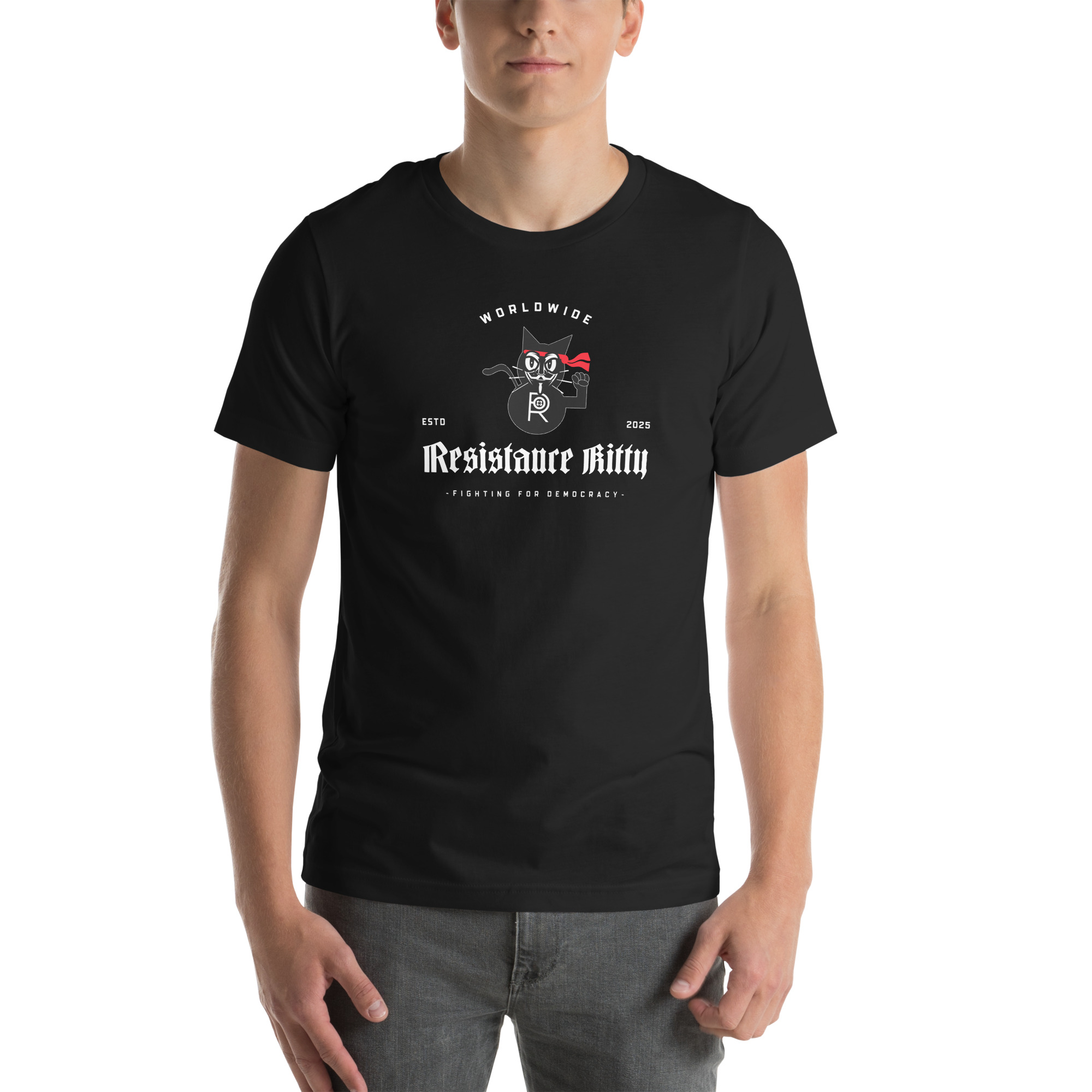 R - Resistance Kitty Fighting For Democracy Worldwide Estd 2025 Dark Style Unisex T-shirt - Image 6