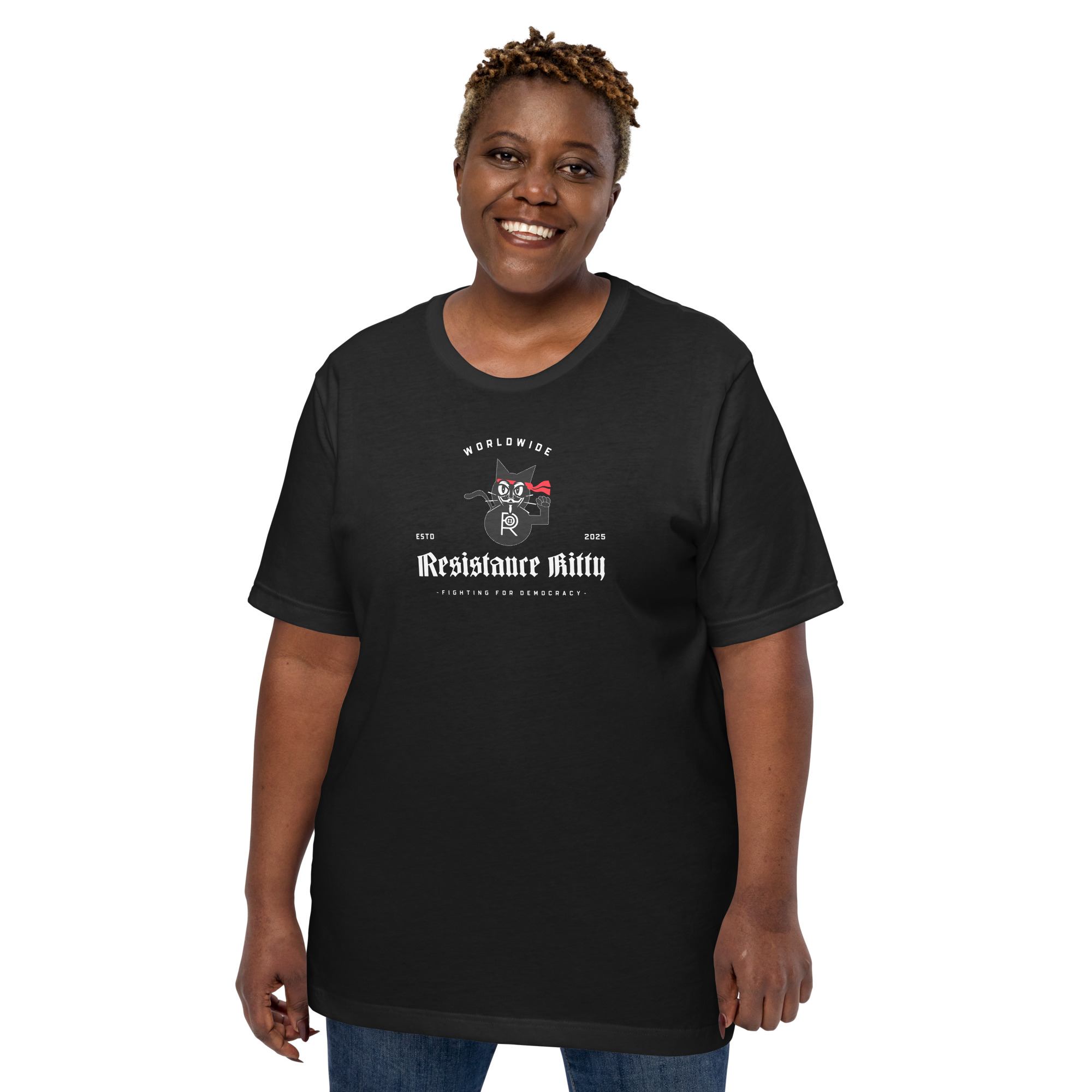 R - Resistance Kitty Fighting For Democracy Worldwide Estd 2025 Dark Style Unisex T-shirt - Image 7