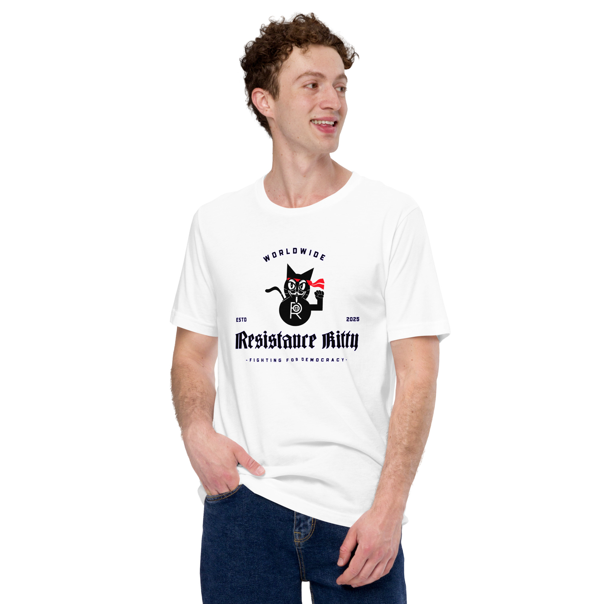 R - Resistance Kitty Fighting For Democracy Worldwide Estd 2025 Light Style Unisex T-shirt - Image 26
