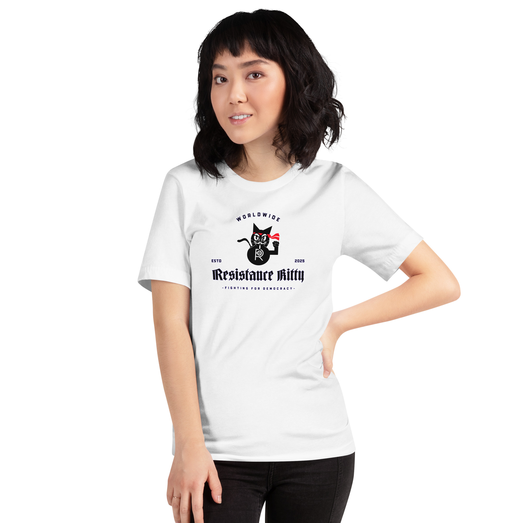 R - Resistance Kitty Fighting For Democracy Worldwide Estd 2025 Light Style Unisex T-shirt - Image 27
