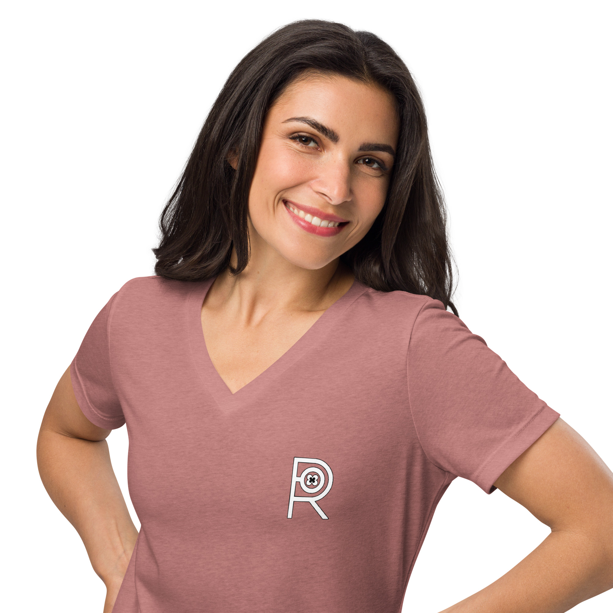 R - White And Black Outlined Women’s Relaxed V-neck T-shirt - Image 6