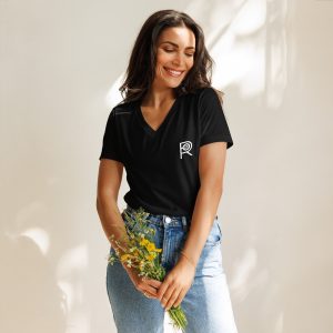 R - White And Black Outlined Women’s Relaxed V-neck T-shirt