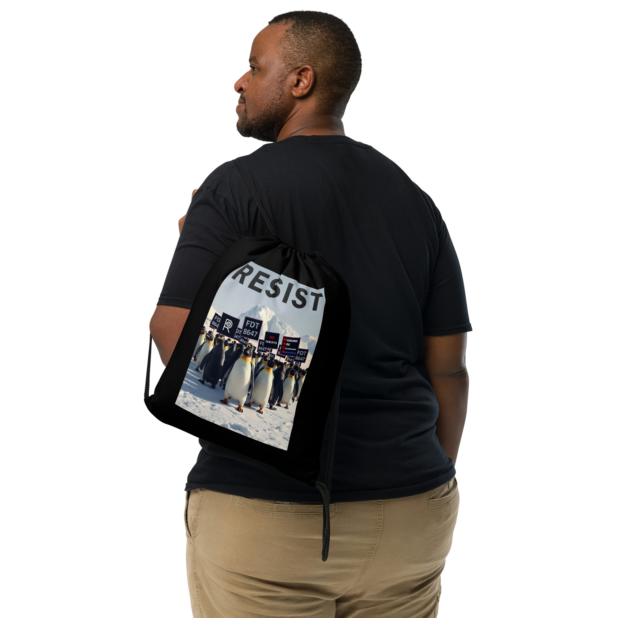 R - Penguins Resist FDT 8647 MAGA Morons Are Governing America Black Drawstring Bag - Image 4