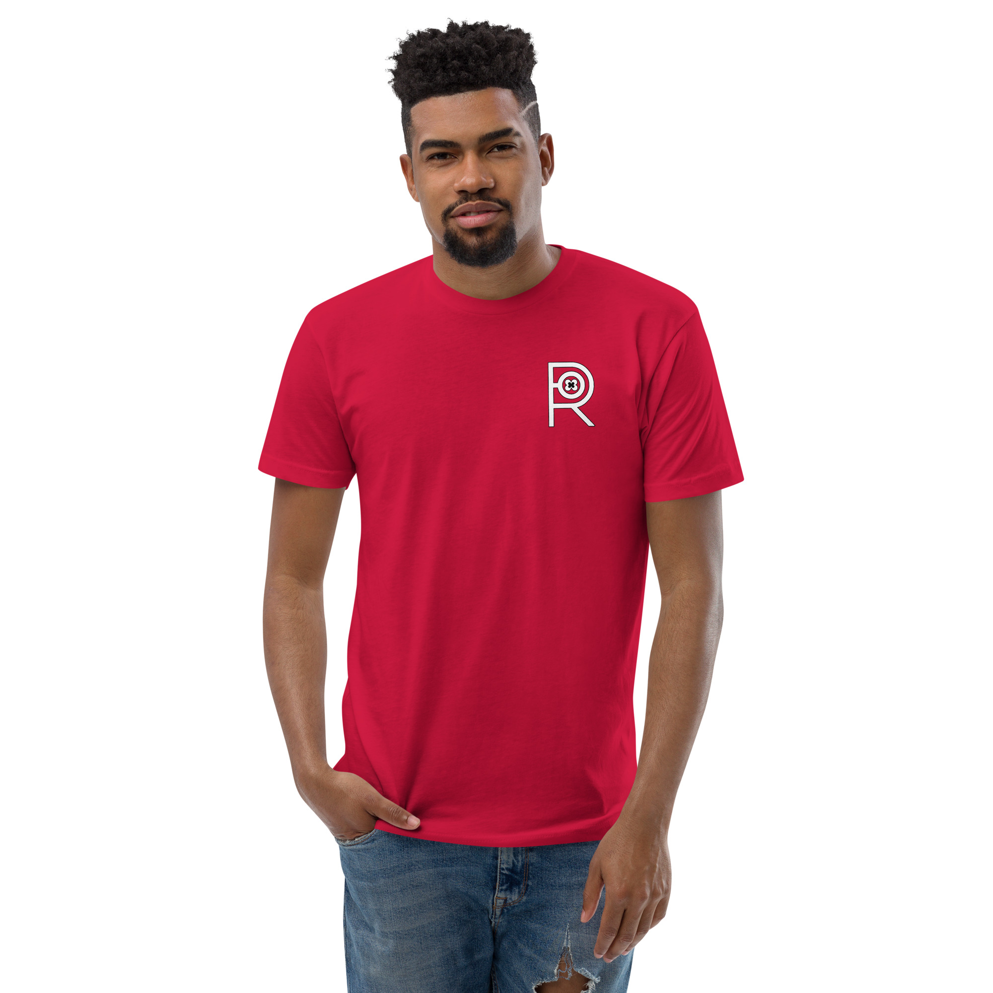 R - White And Black Outlined Men's Fitted Short Sleeve T-shirt - Image 2